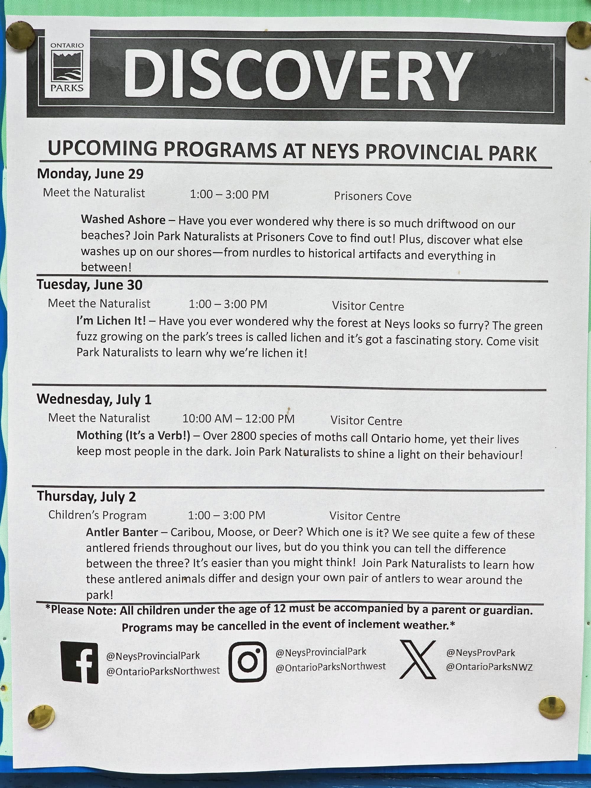 A sheet with the discovery program schedule for neys provincial park.