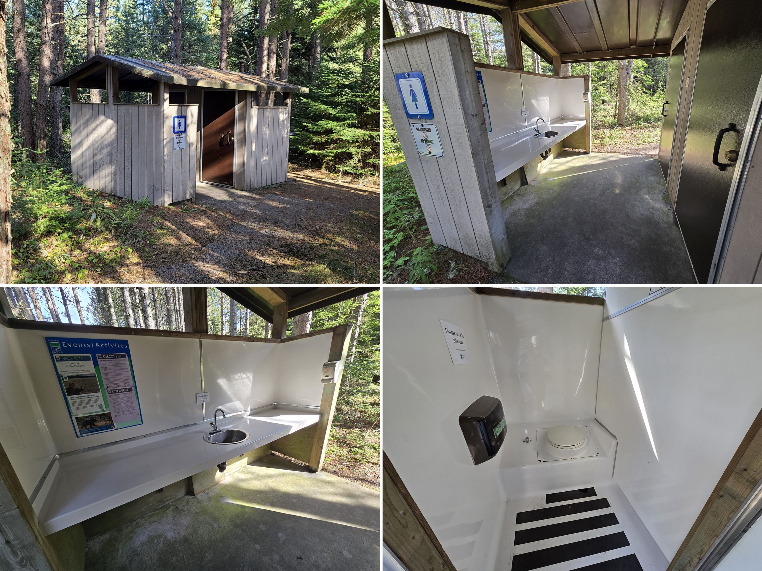 4 part image showing vault toilets at Neys Provincial Park.