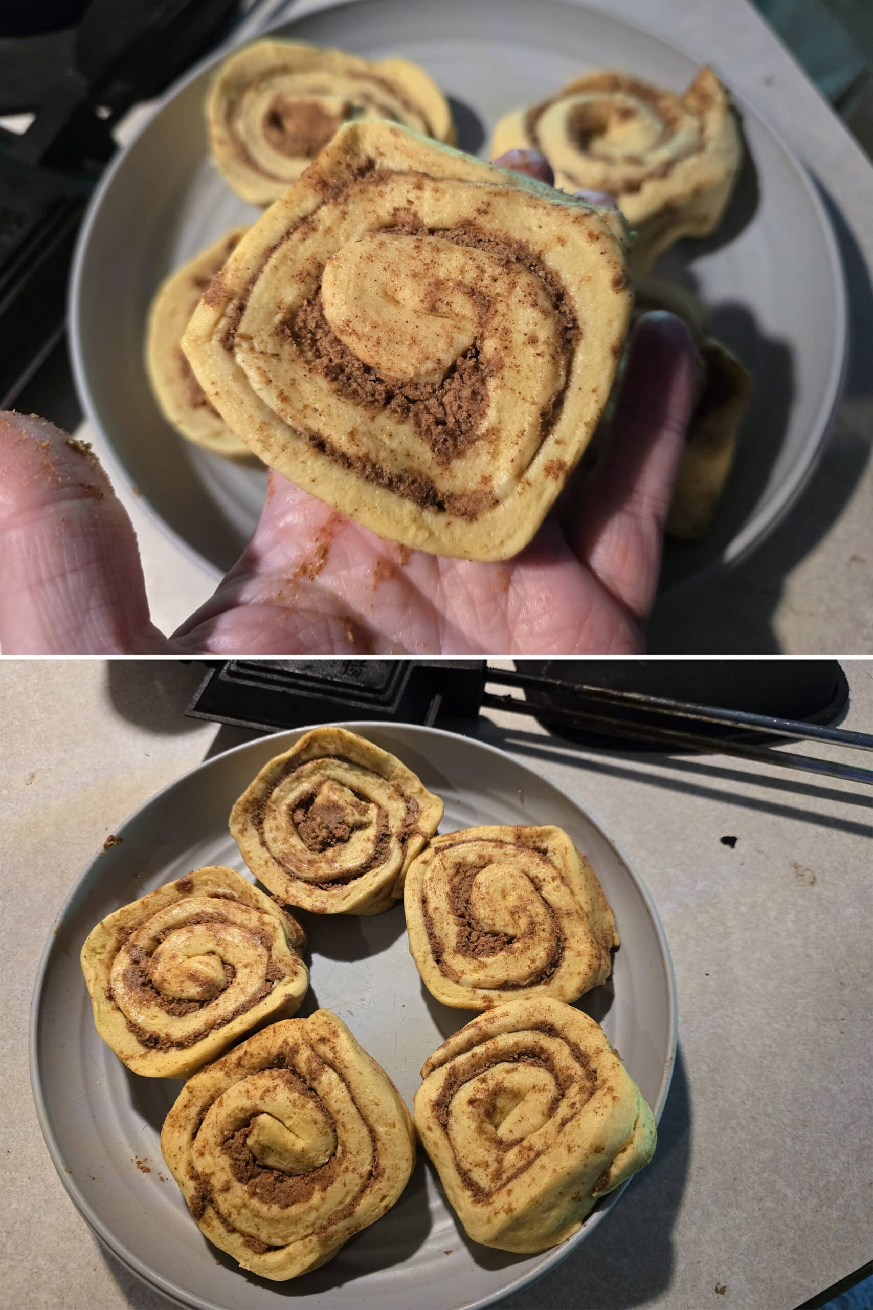 2 part image showing a cinnamon roll formed into a square, then a plate of 5 square cinnamon rolls before cooking.