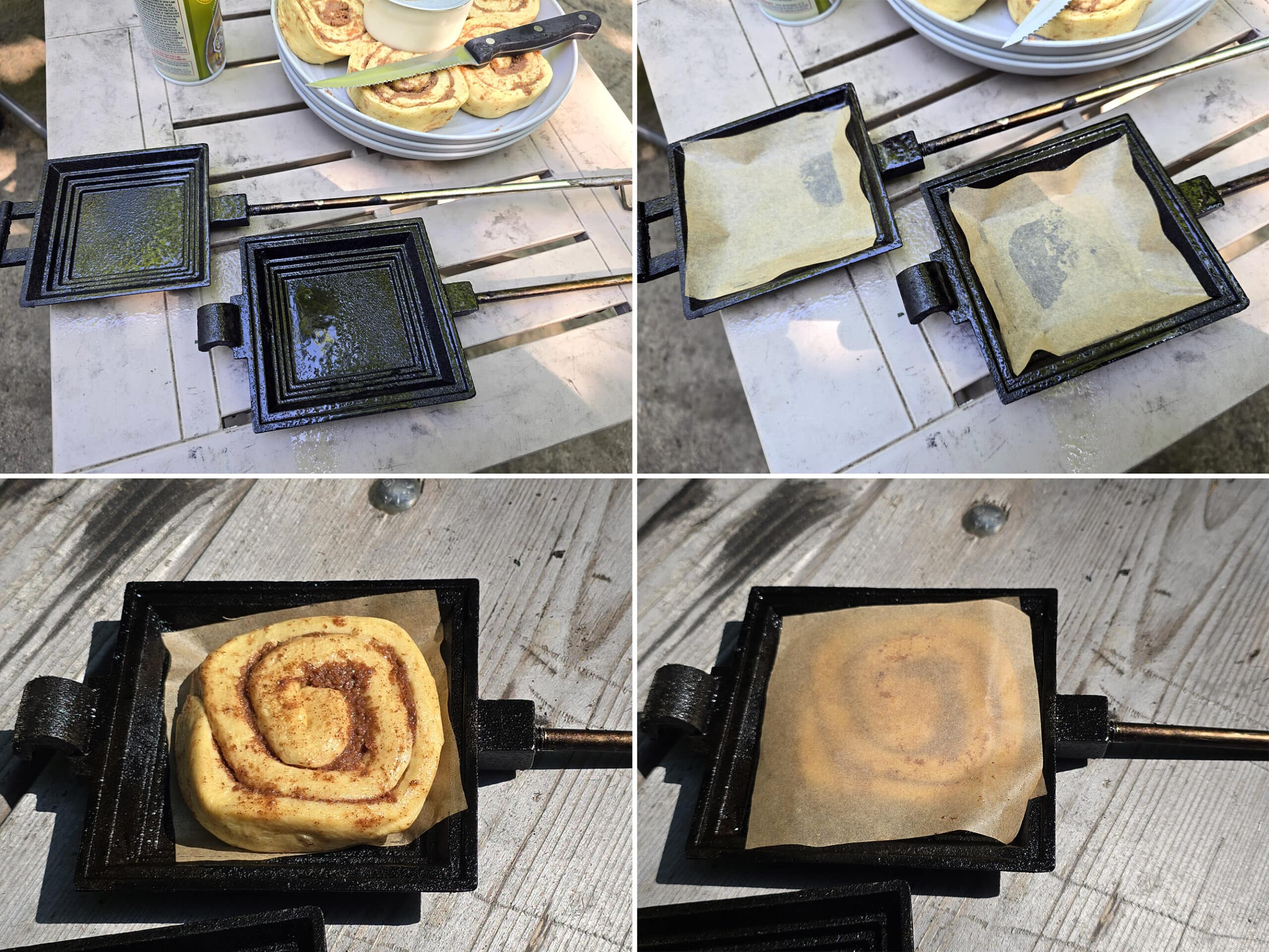 4 part image showing the insides of a pie iron sprayed with pan spray, lined with parchment paper, and then with a raw cinnamon roll placed inside.