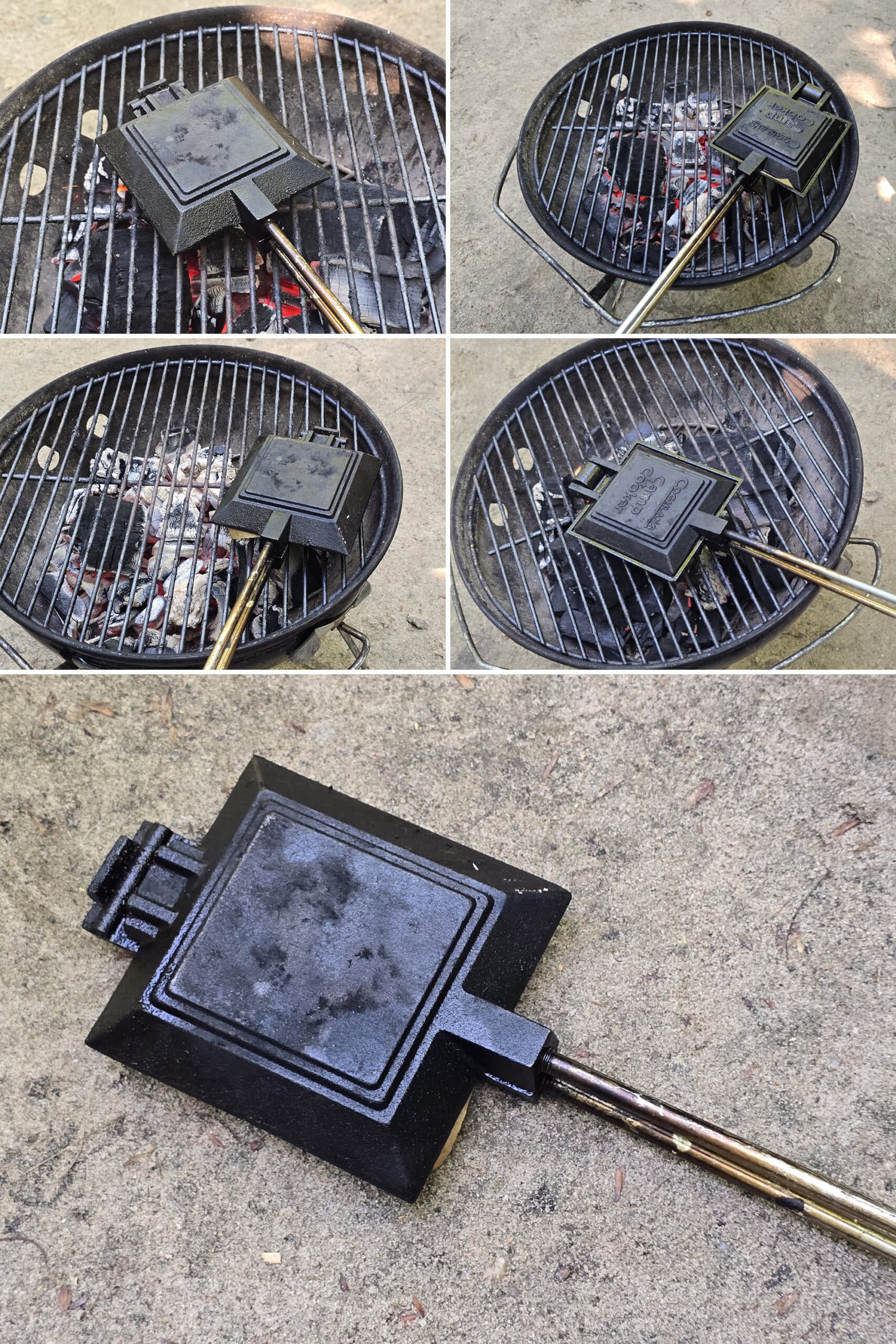 3 part image showing the pie iron cooking over a charcoal grill.