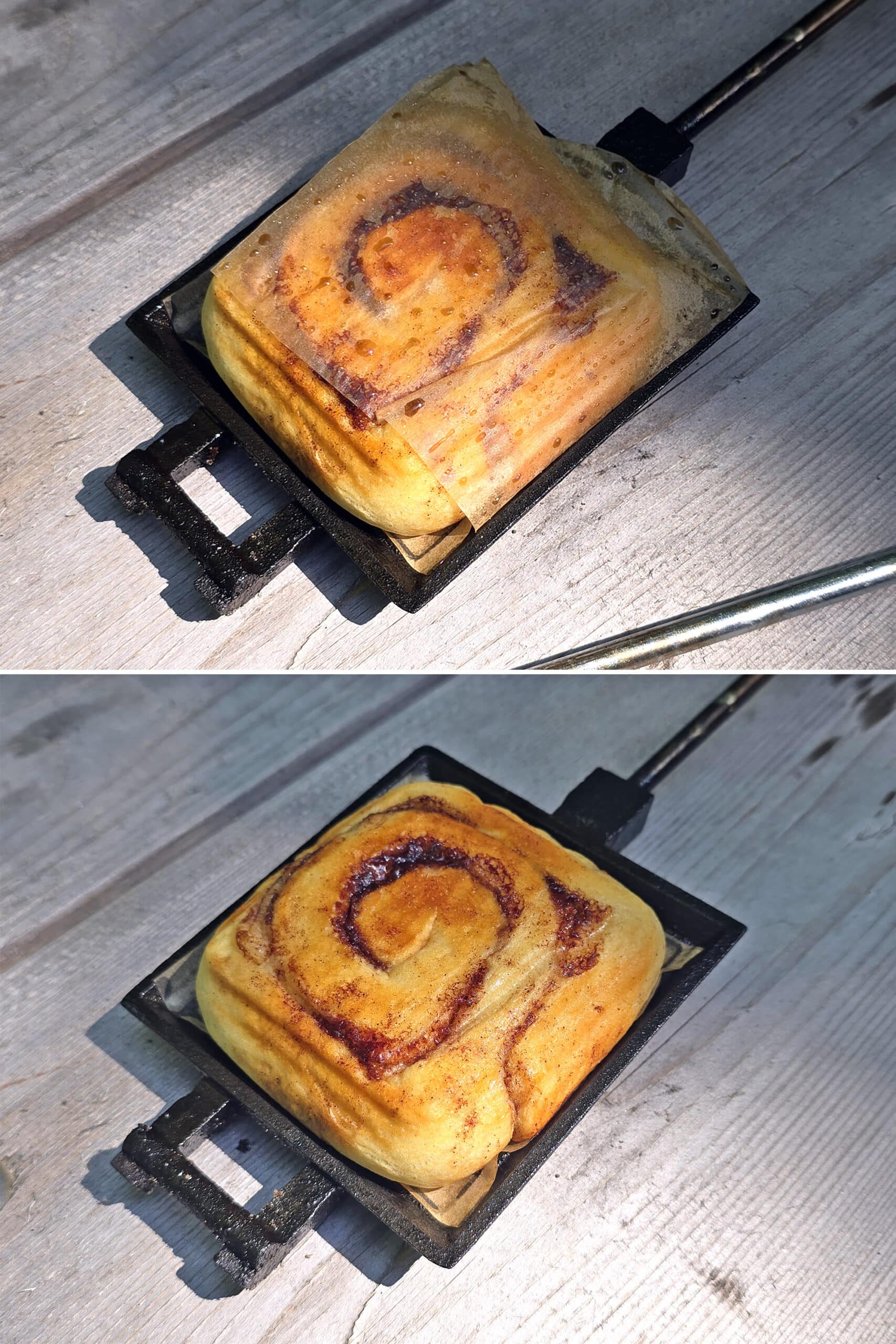 2 part image showing a cooked pie iron cinnamon roll, before and after removing the parchment paper.