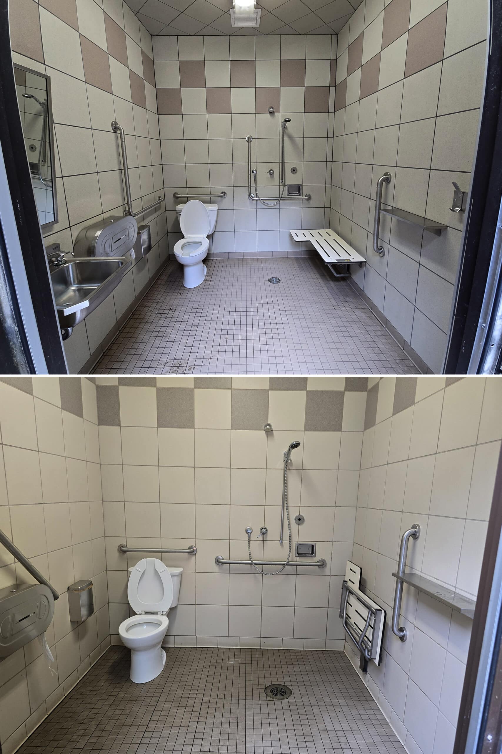 2 part image showing wheelchair accessible showers.