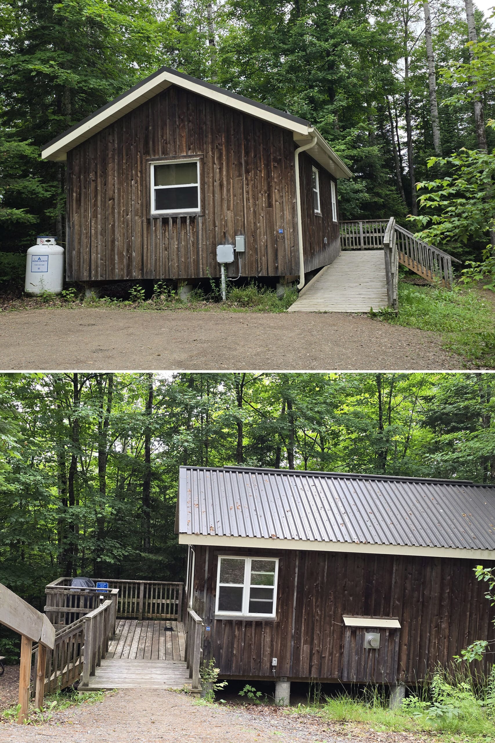 2 part image showing Silent Lake Provincial Park cabins.