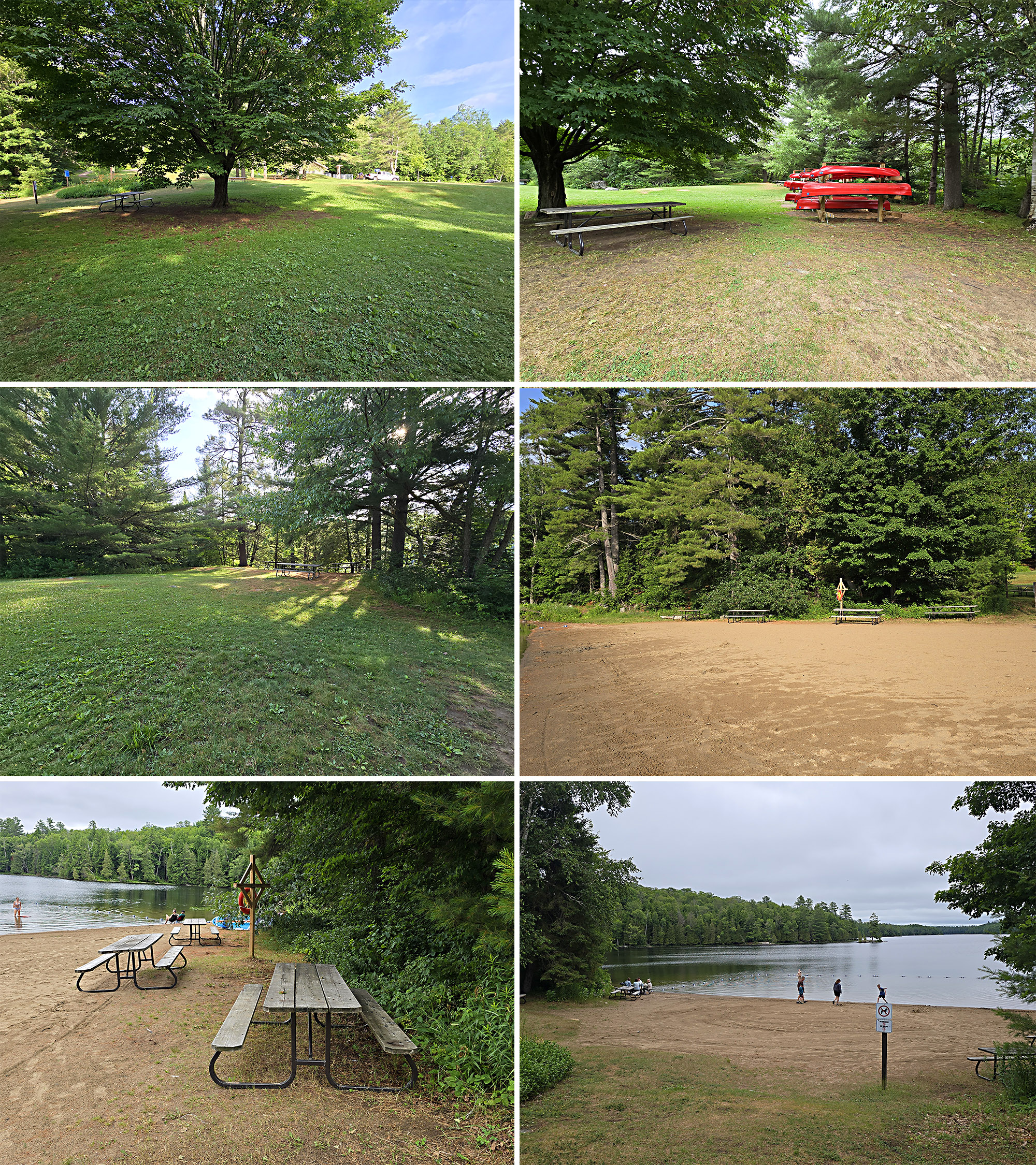 6 part image showing the day use area at Silent Lake Provincial Park.