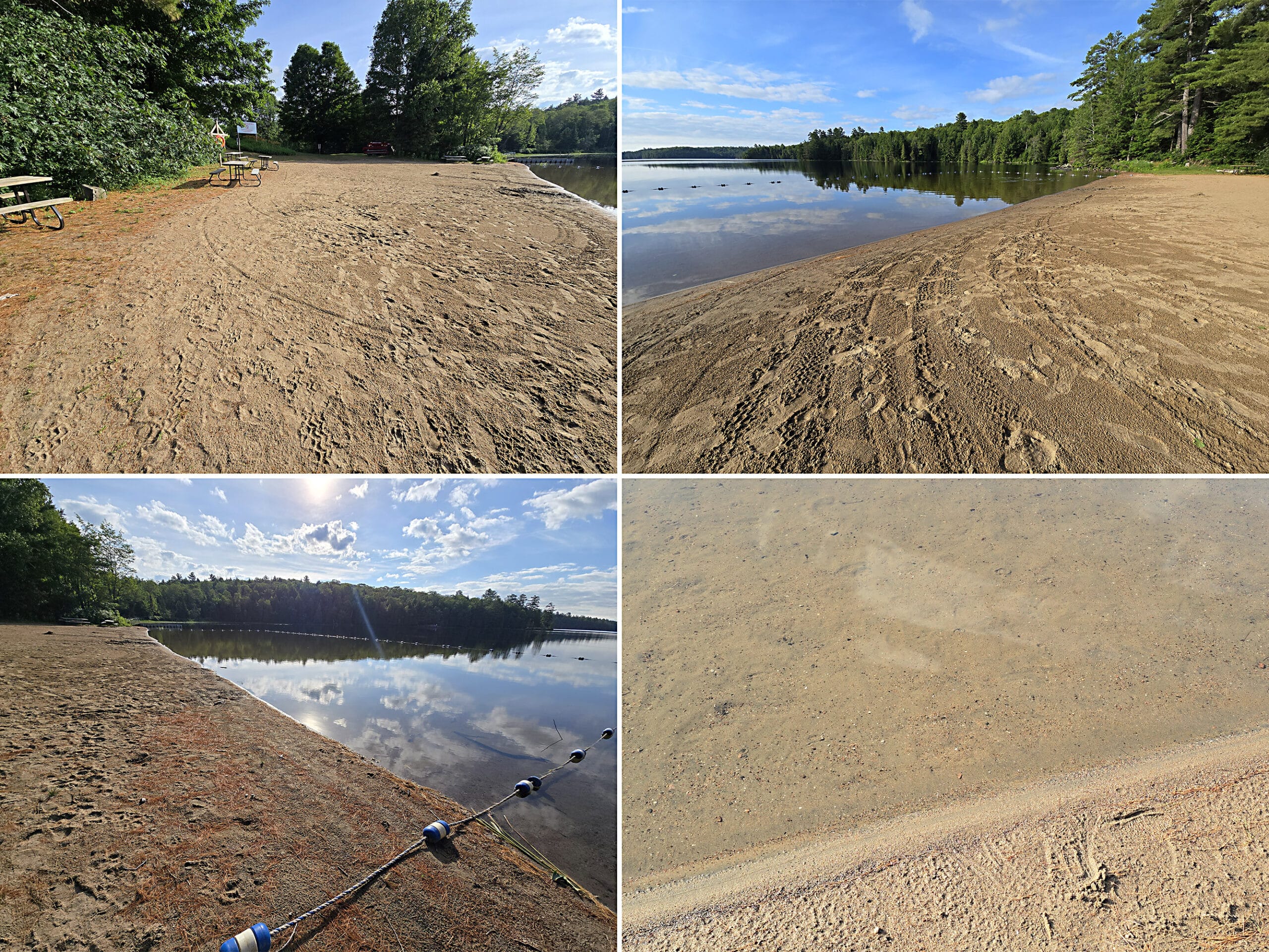 4 part image showing the day use beach at Silent Lake Provincial Park.