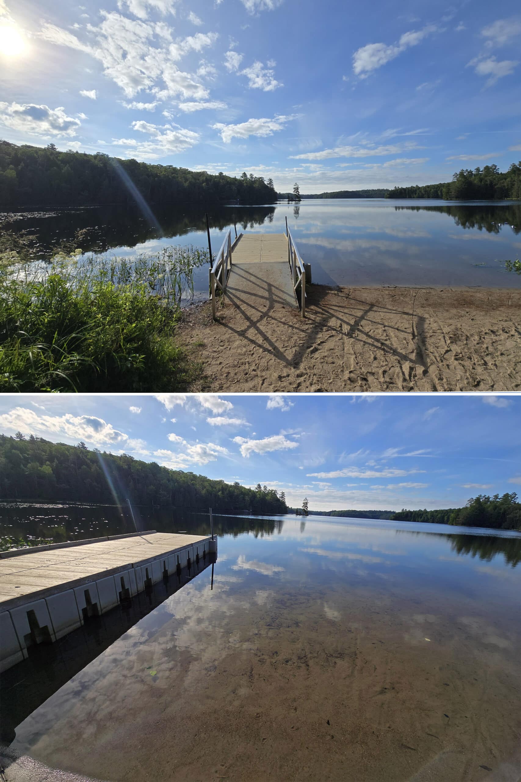 2 part image showing the day use canoe launch at Silent Lake Provincial Park.