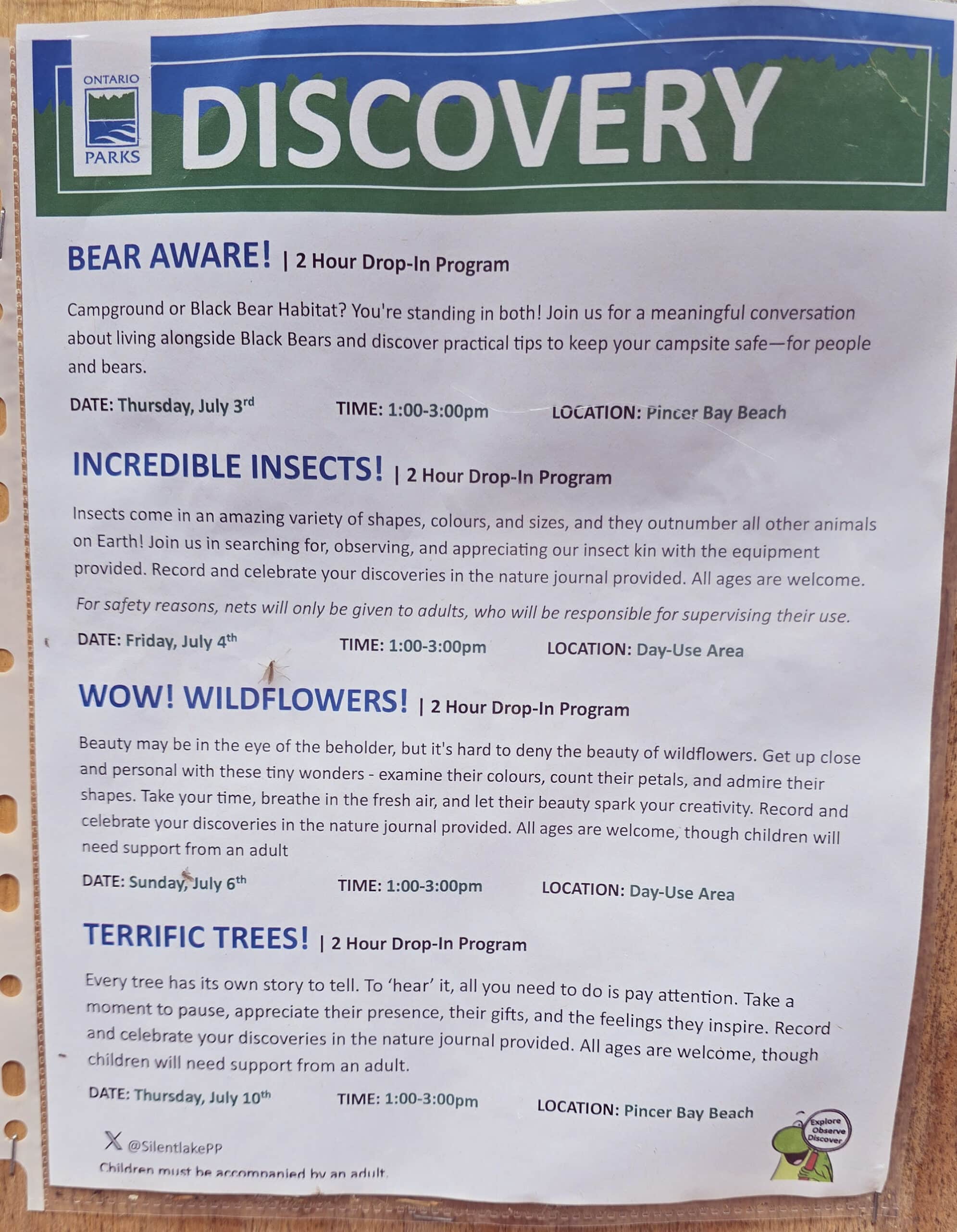 A sheet of paper with the discovery programming for the week.