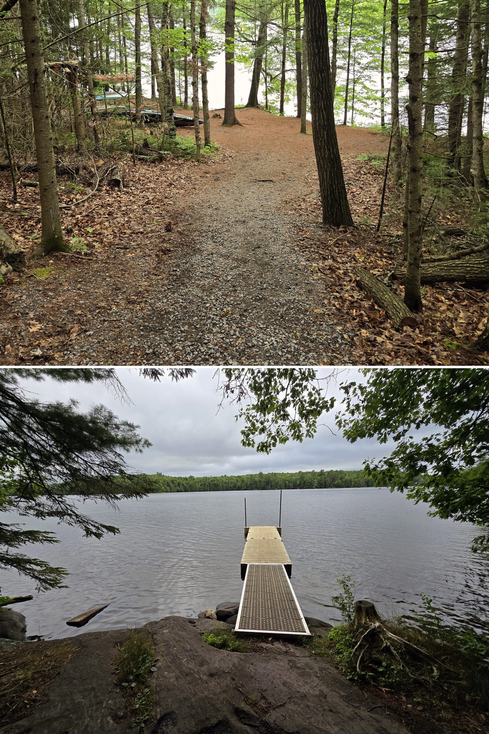 2 part image showing the granite ridge campground canoe launch at Silent Lake Provincial Park.