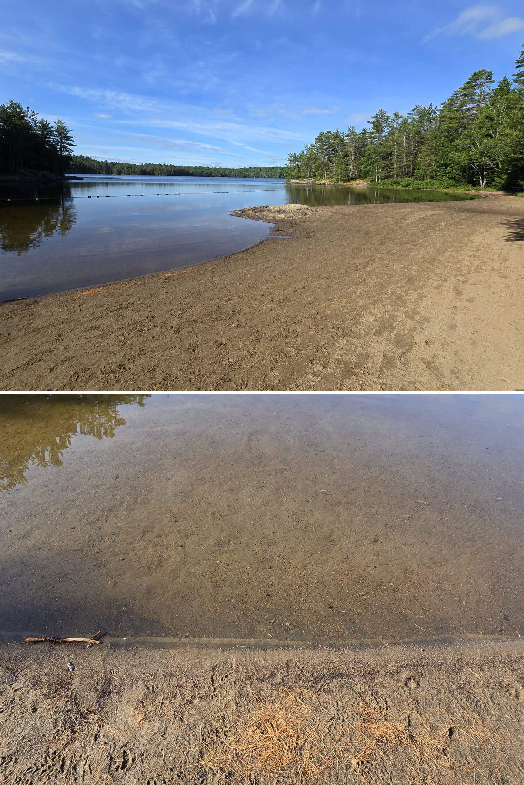 2 part image showing the Pincer Bay Beach at Silent Lake Provincial Park.