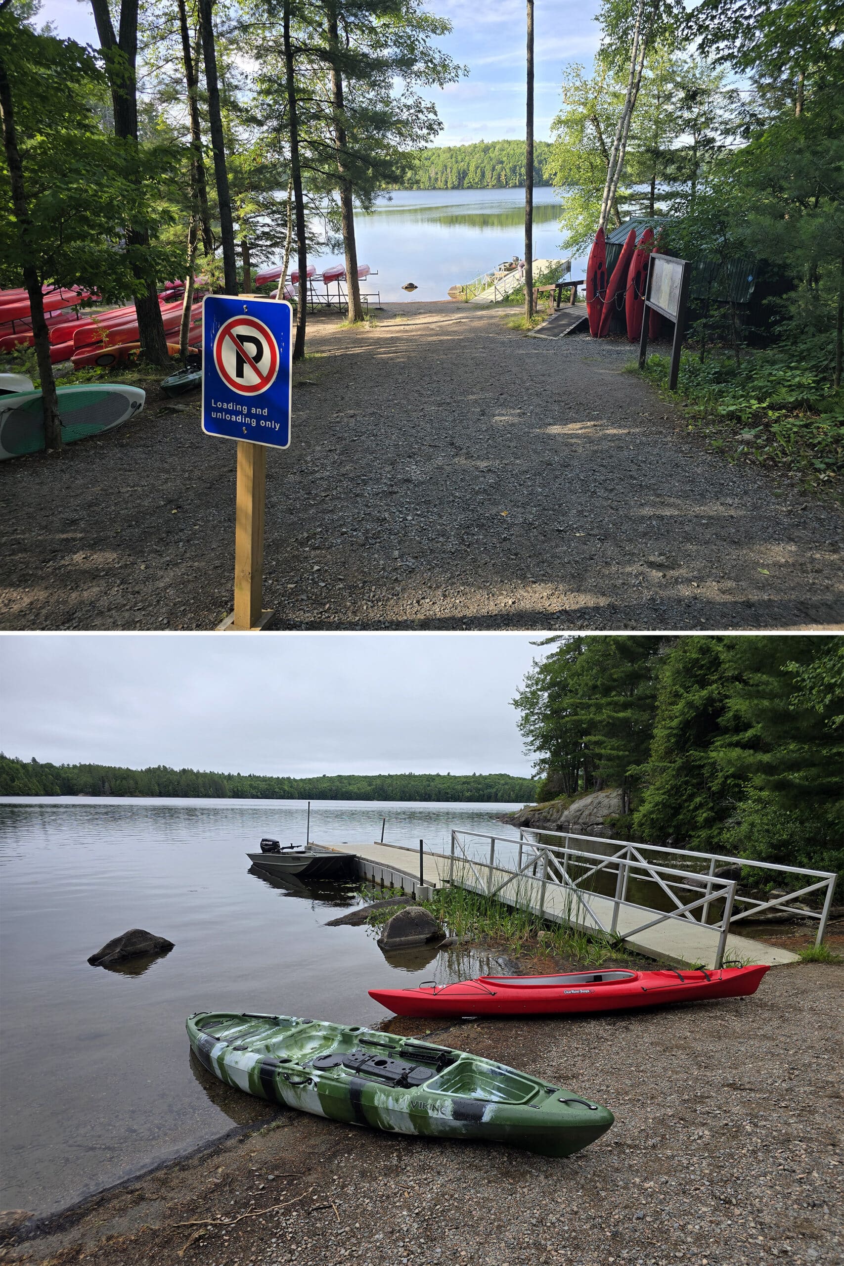 2 part image showing the pincer bay canoe launch at Silent Lake Provincial Park.