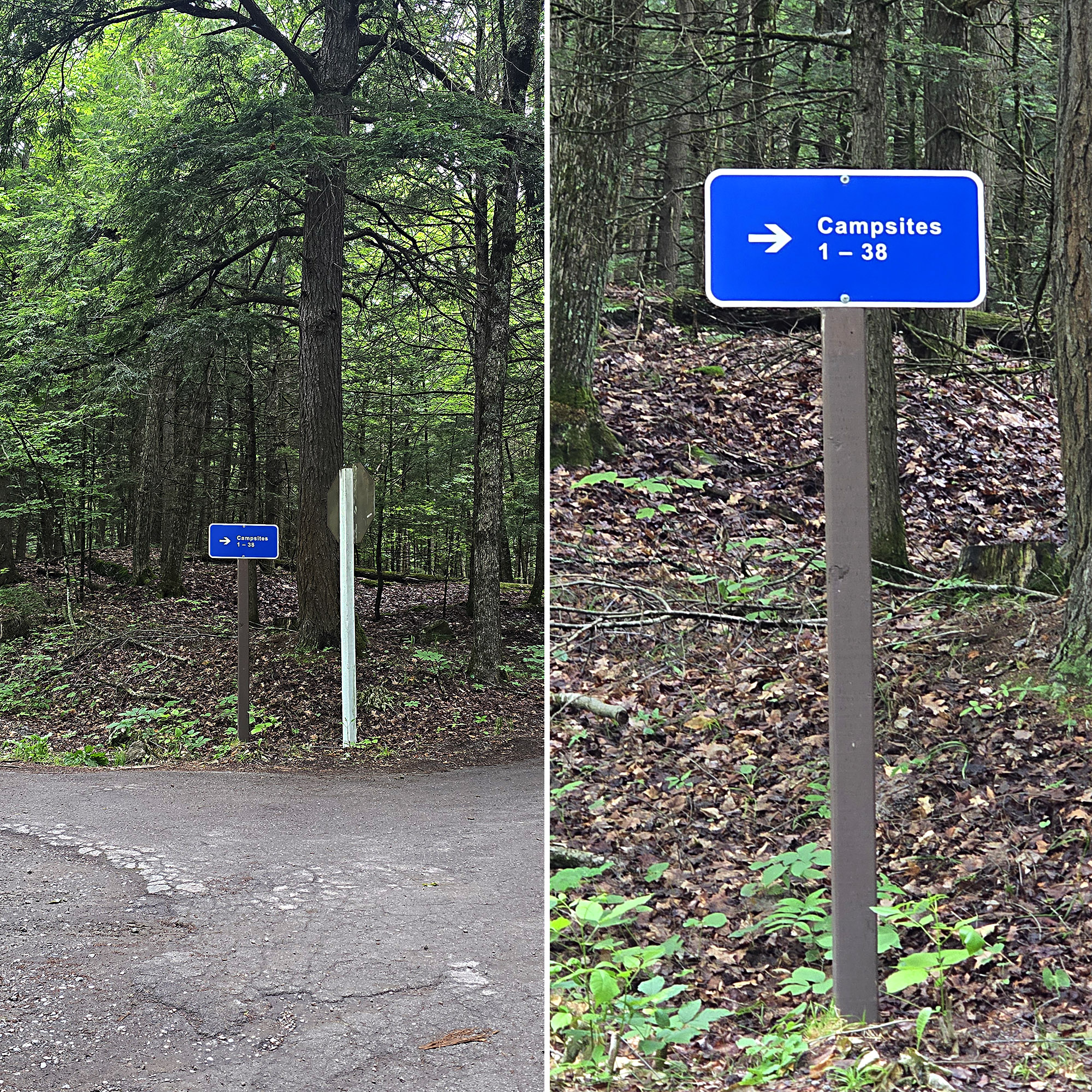 2 part image showing a campground sign with incredibly tiny print.