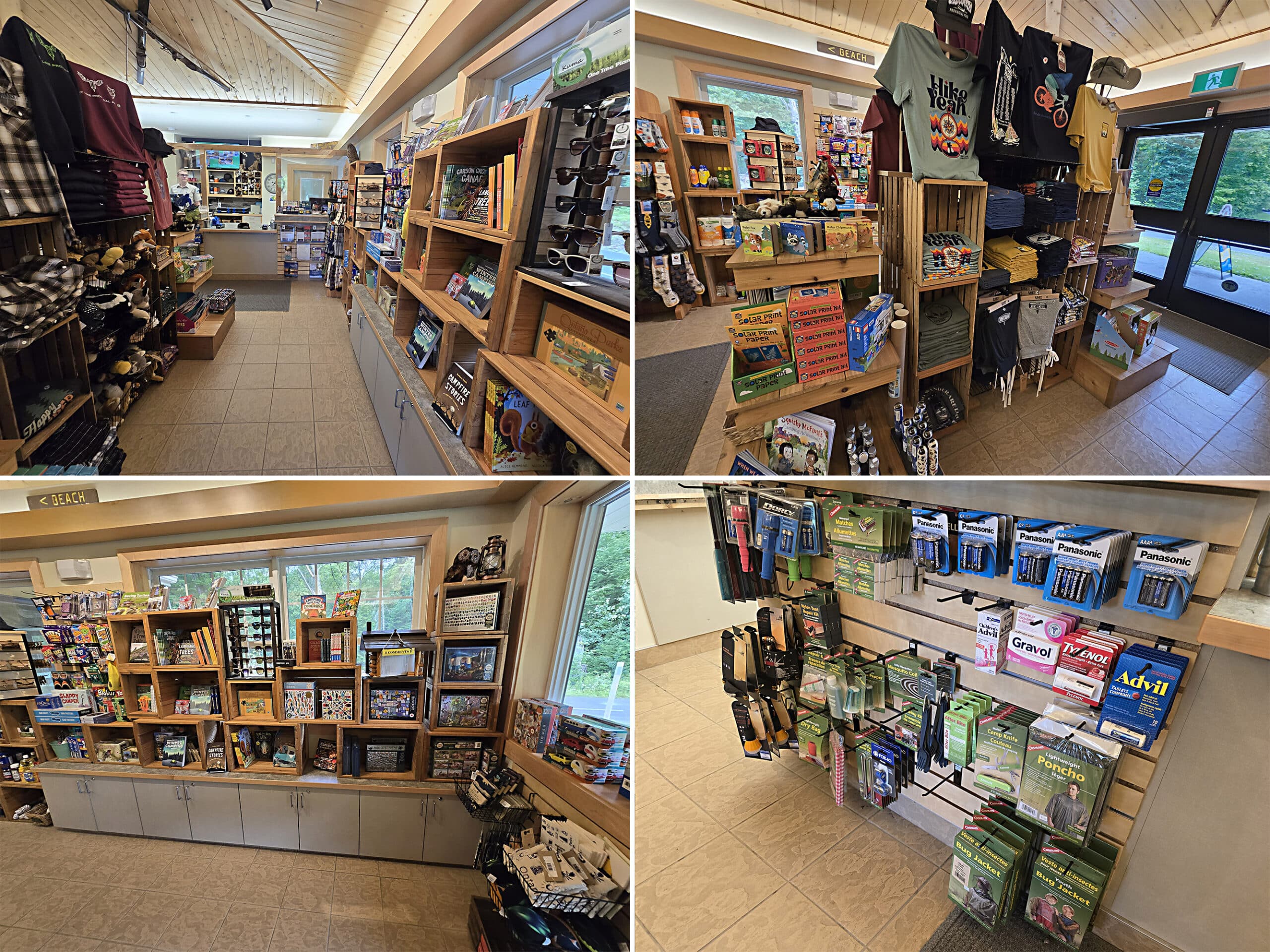 4 part image showing various views inside the Silent Lake Provincial Park store.