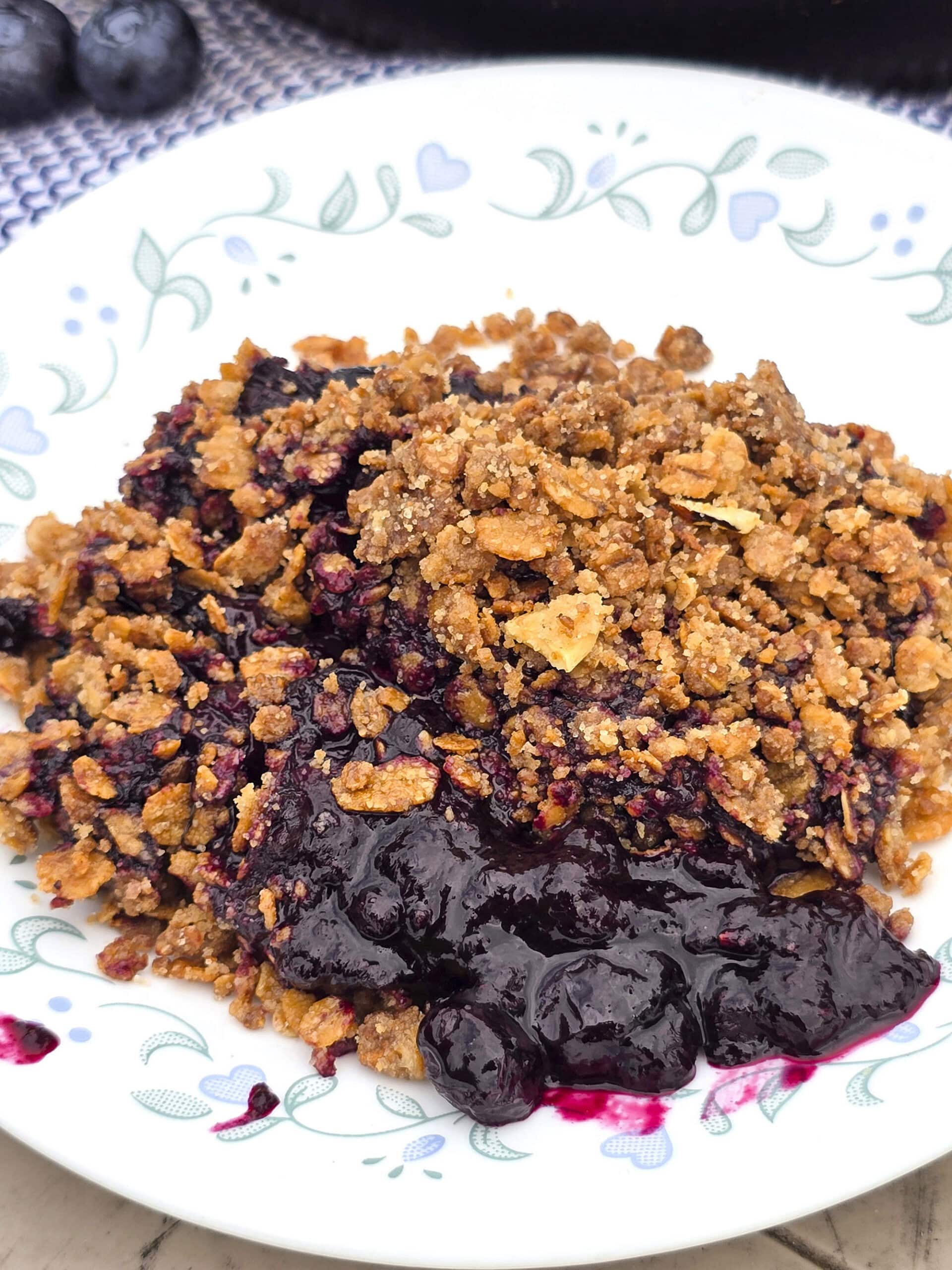 A plate of skillet blueberry crisp with a serving on a plate in front of it.