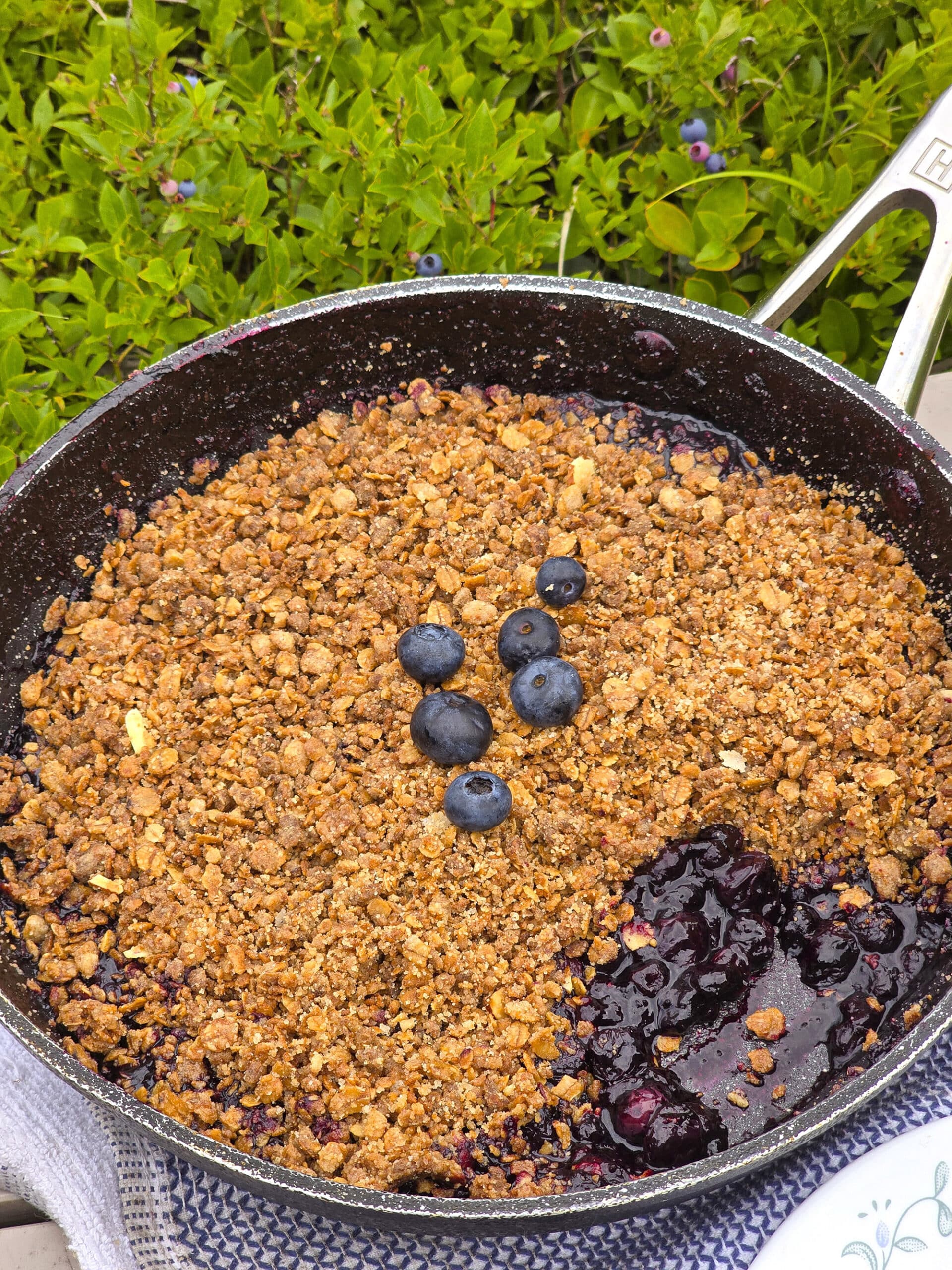 A pan of skillet blueberry crisp.