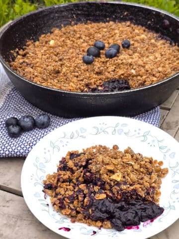 A pan of campfire blueberry crisp with a serving on a plate in front of it.