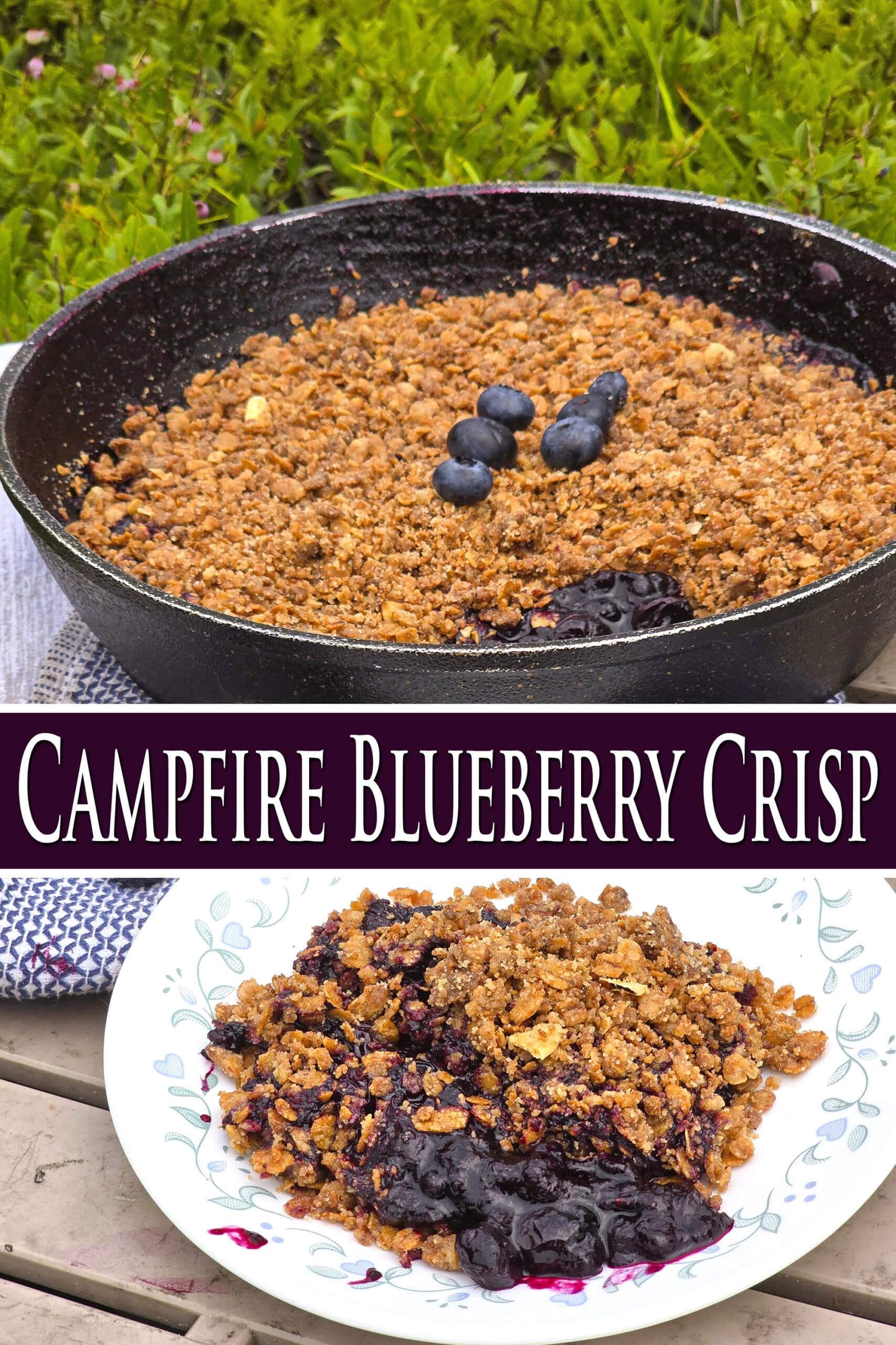 A pan of skillet blueberry crisp with a serving on a plate in front of it. Overlaid text says campfire blueberry crisp.