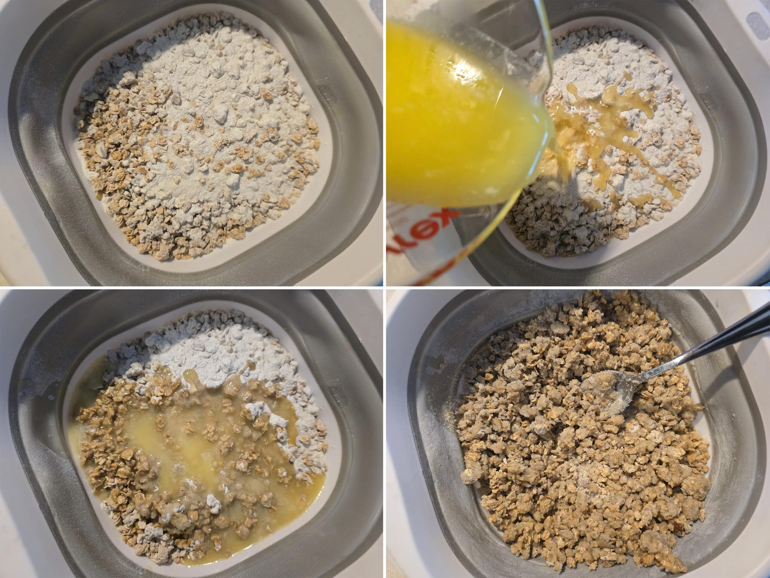 4 part image showing the blueberry crumble topping being made in a bowl.