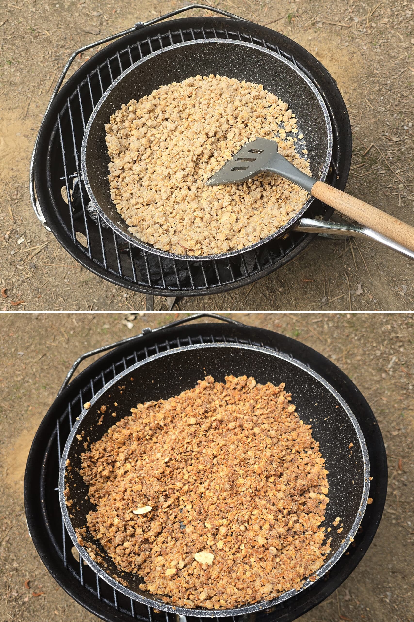 2 part image showing the blueberry crumble topping being toasted in a pan over a charcoal grill.