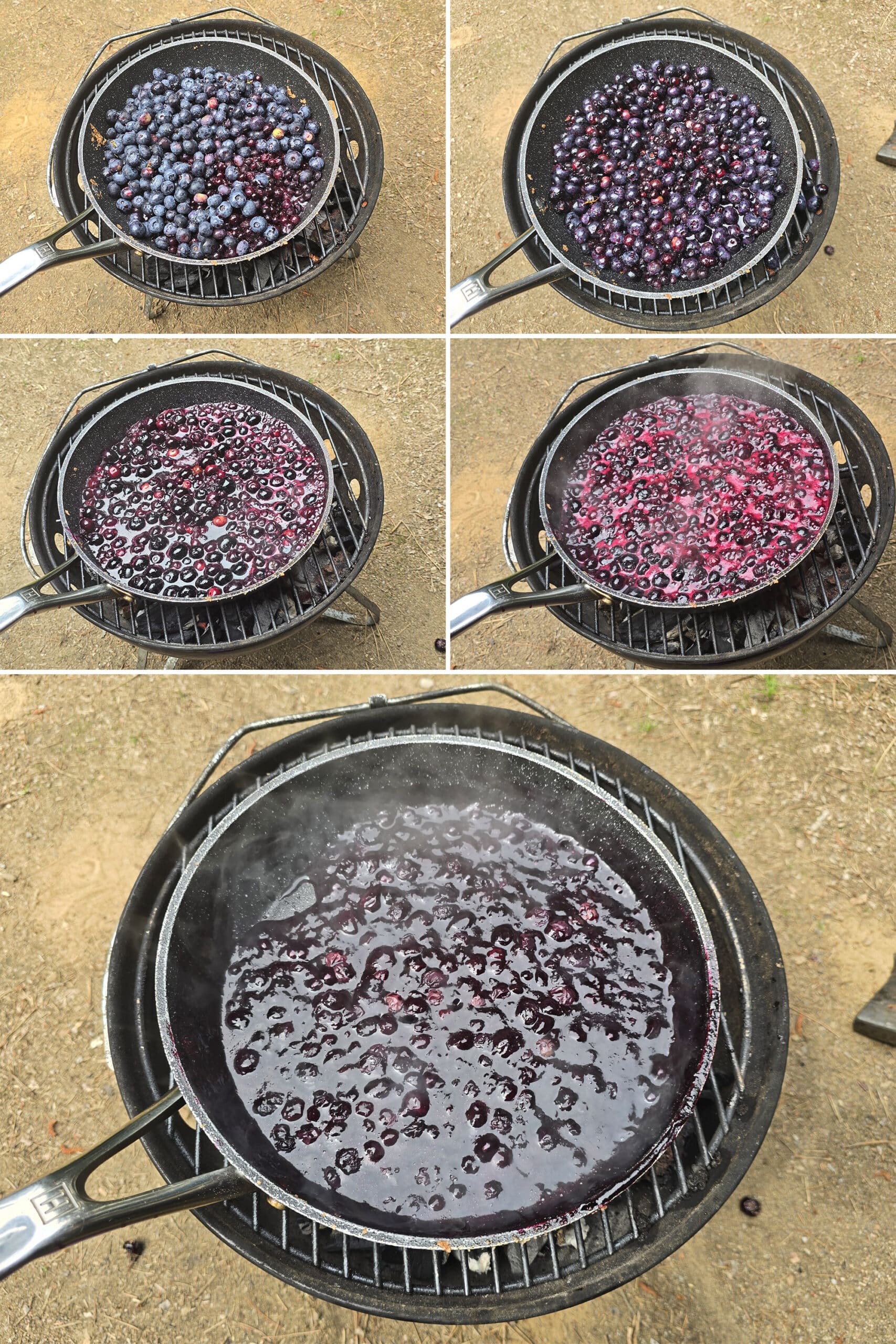5 part image showing the fresh blueberry filling being made.
