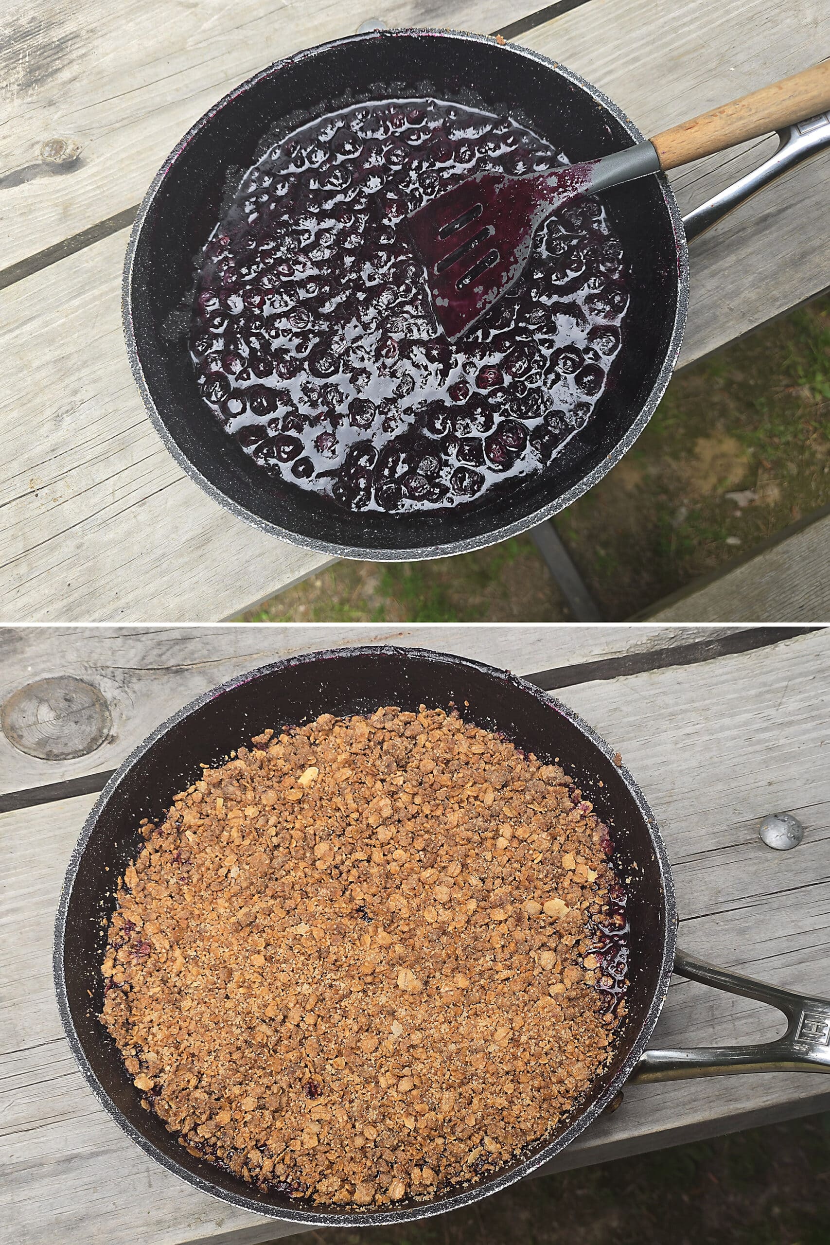 2 part image showing a pan of blueberry filling being covered with crumble topping.