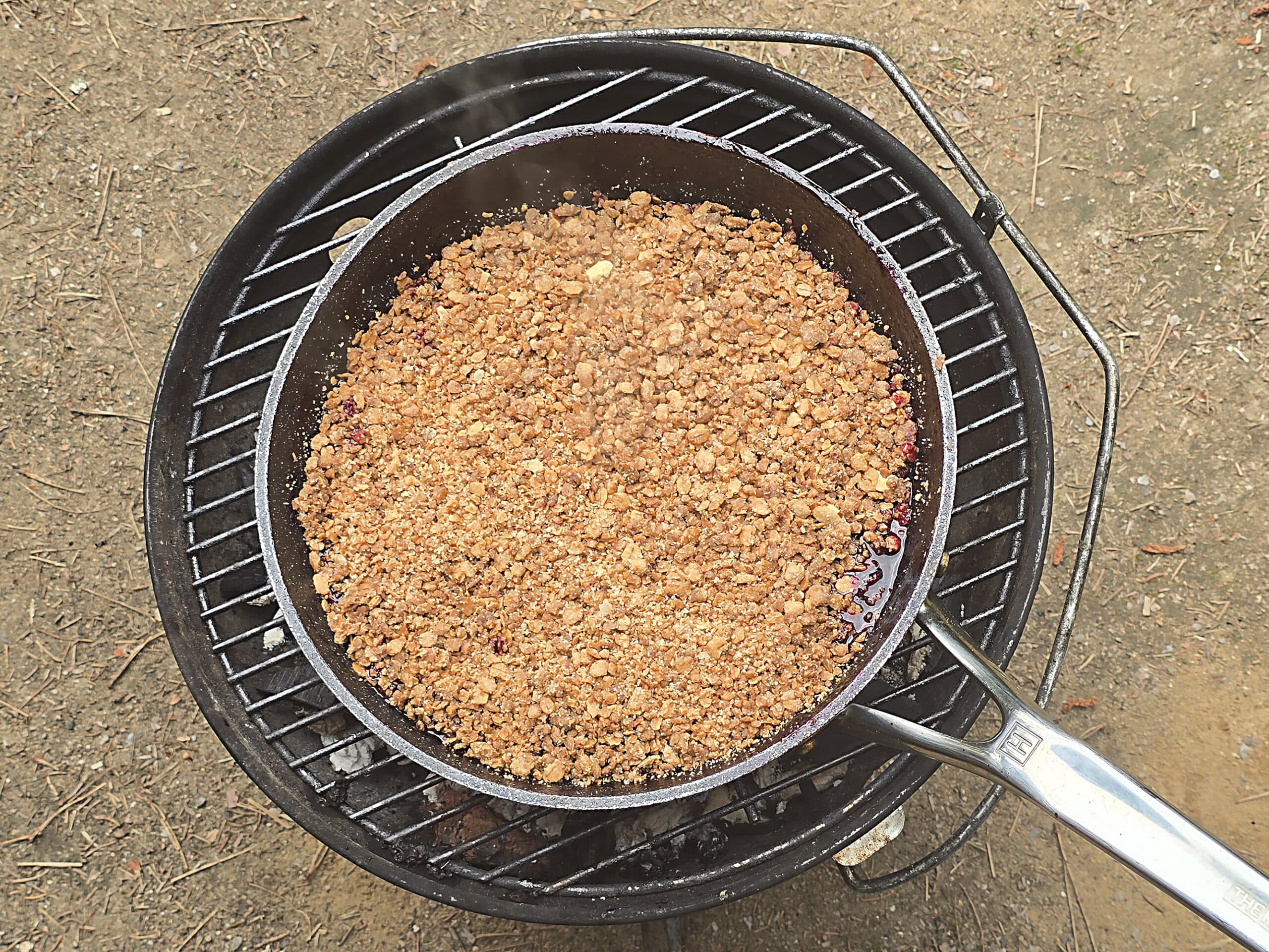 A pan of blueberry crisp on a charcoal grill.
