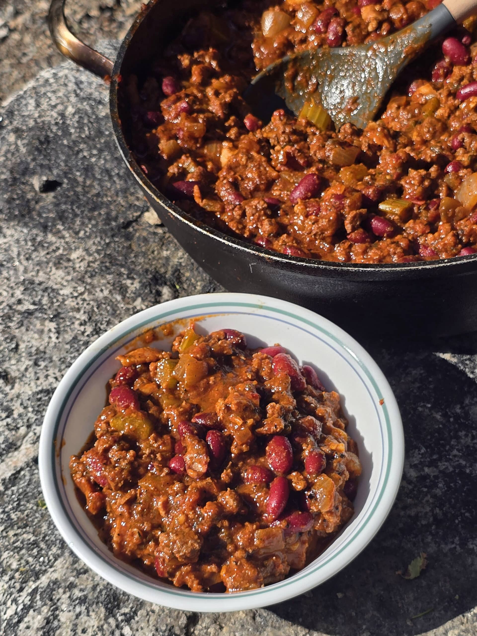 A pan and a bowl of deer chili with beans and chunky vegetables visible.