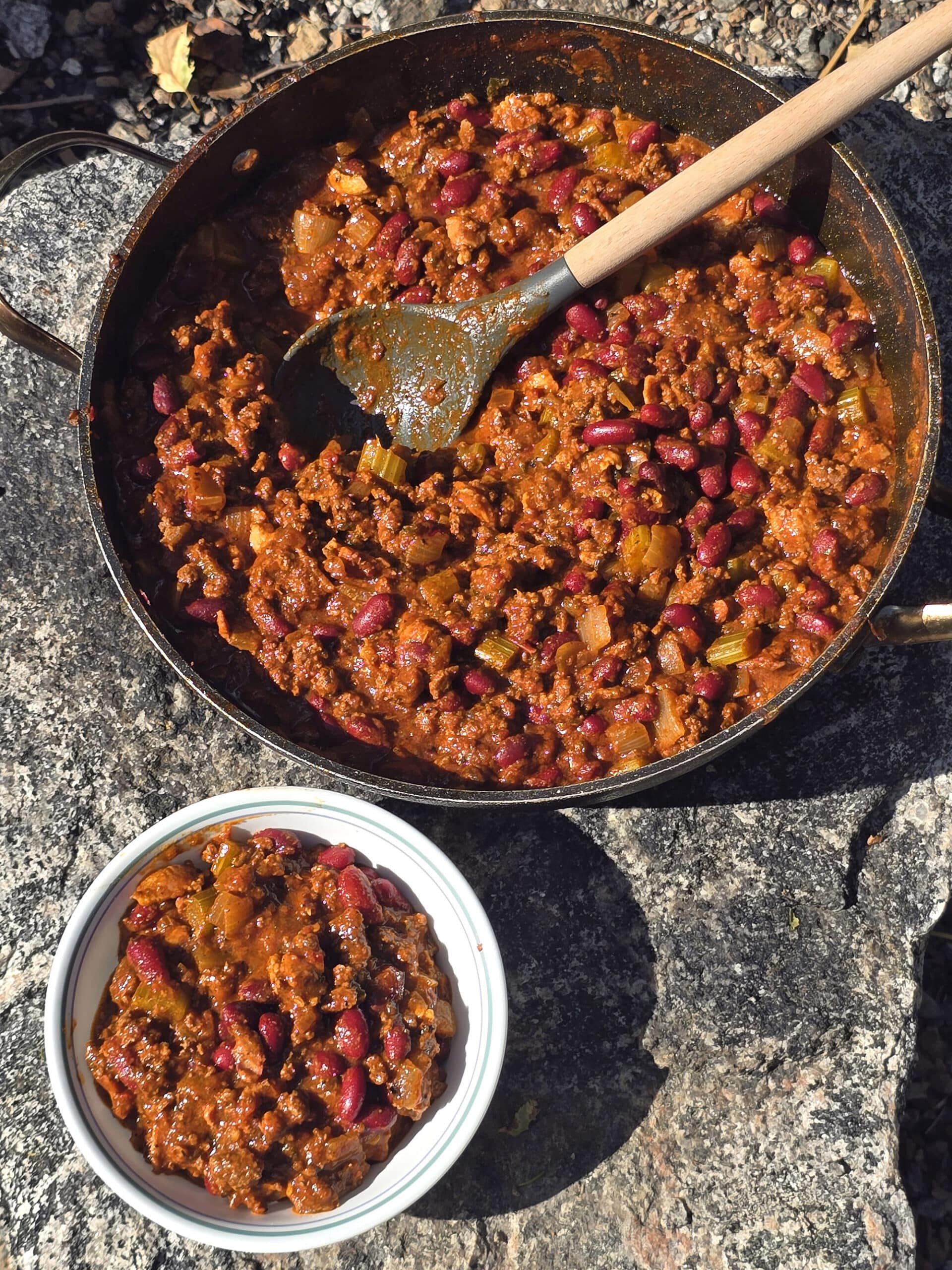 A pan and a bowl of deer chili with beans and chunky vegetables visible.