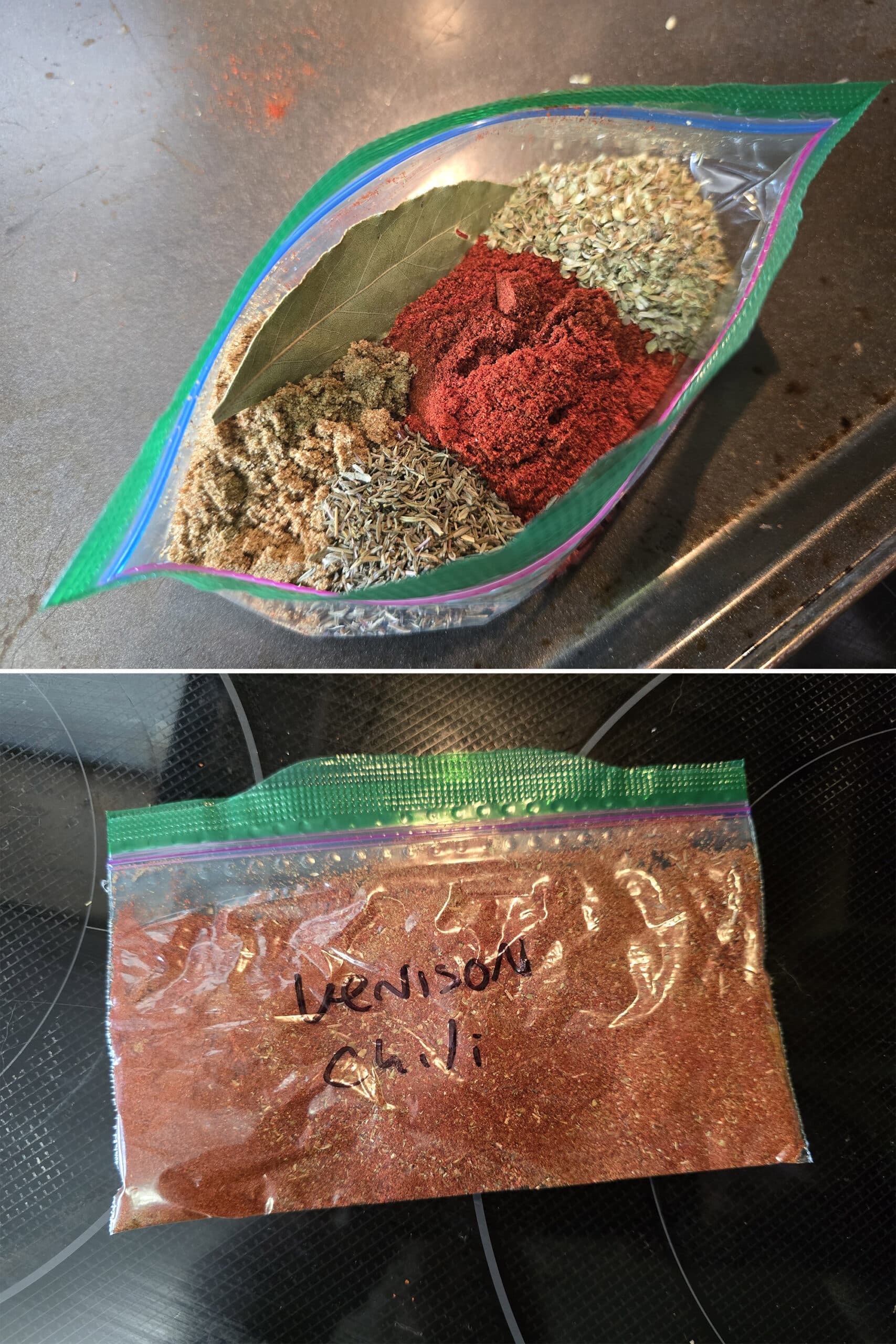 2 part image showing the spices being mixed in a small plastic baggie.