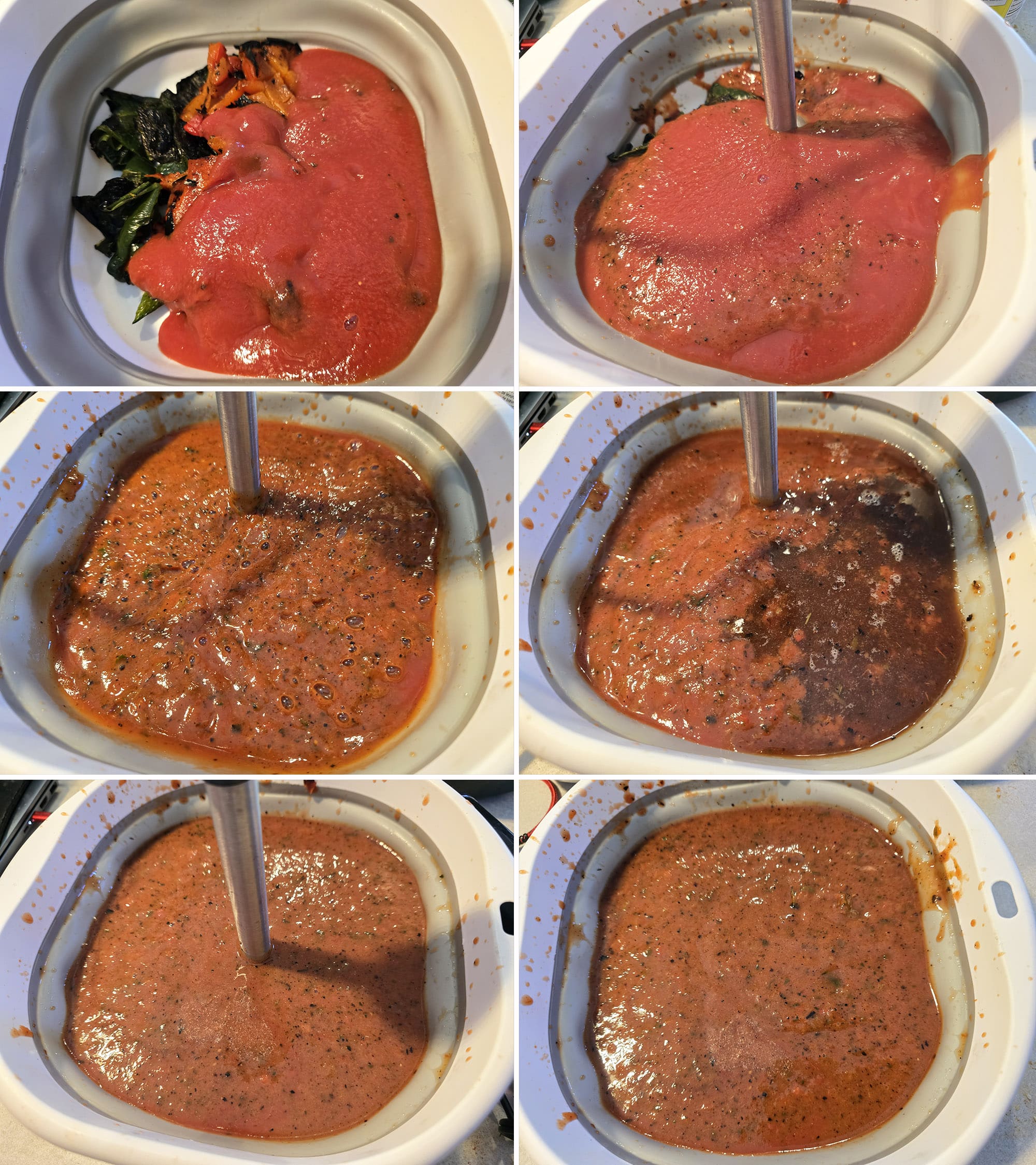 6 part image showing the peppers, tomato sauce, and broth being blended with a stick blender in stages.