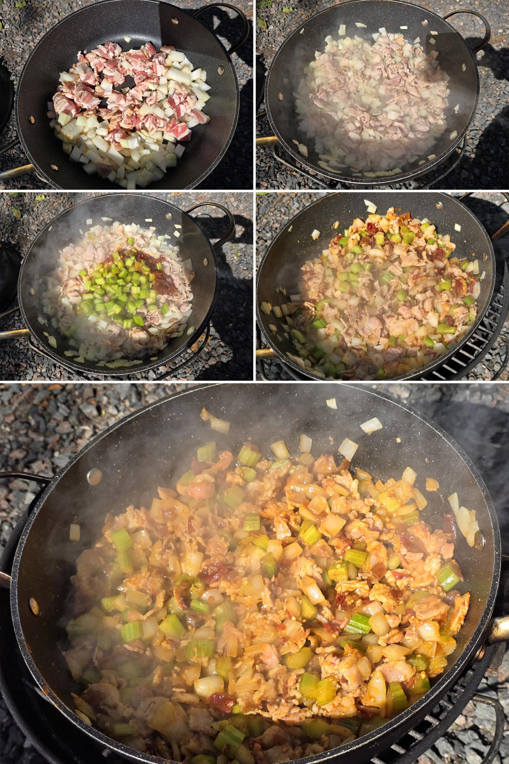 5 part image showing the bacon being cooked, then the veggies being added, mixed in, and cooked til soft.