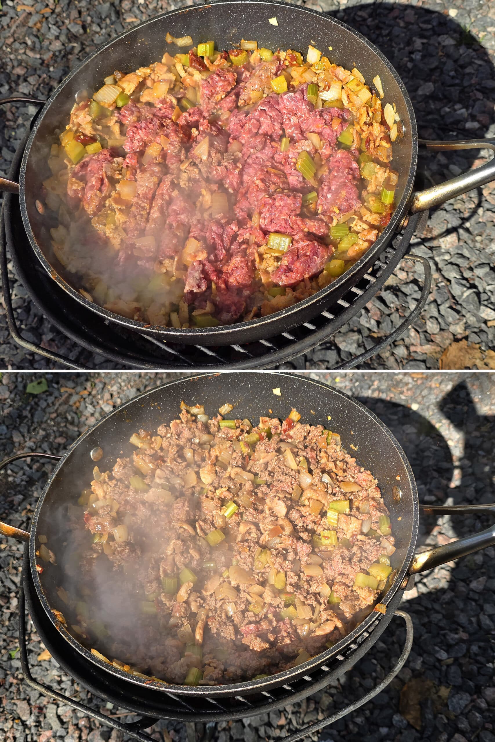 2 part image showing the ground venison added to the pan, broken up, and browned.