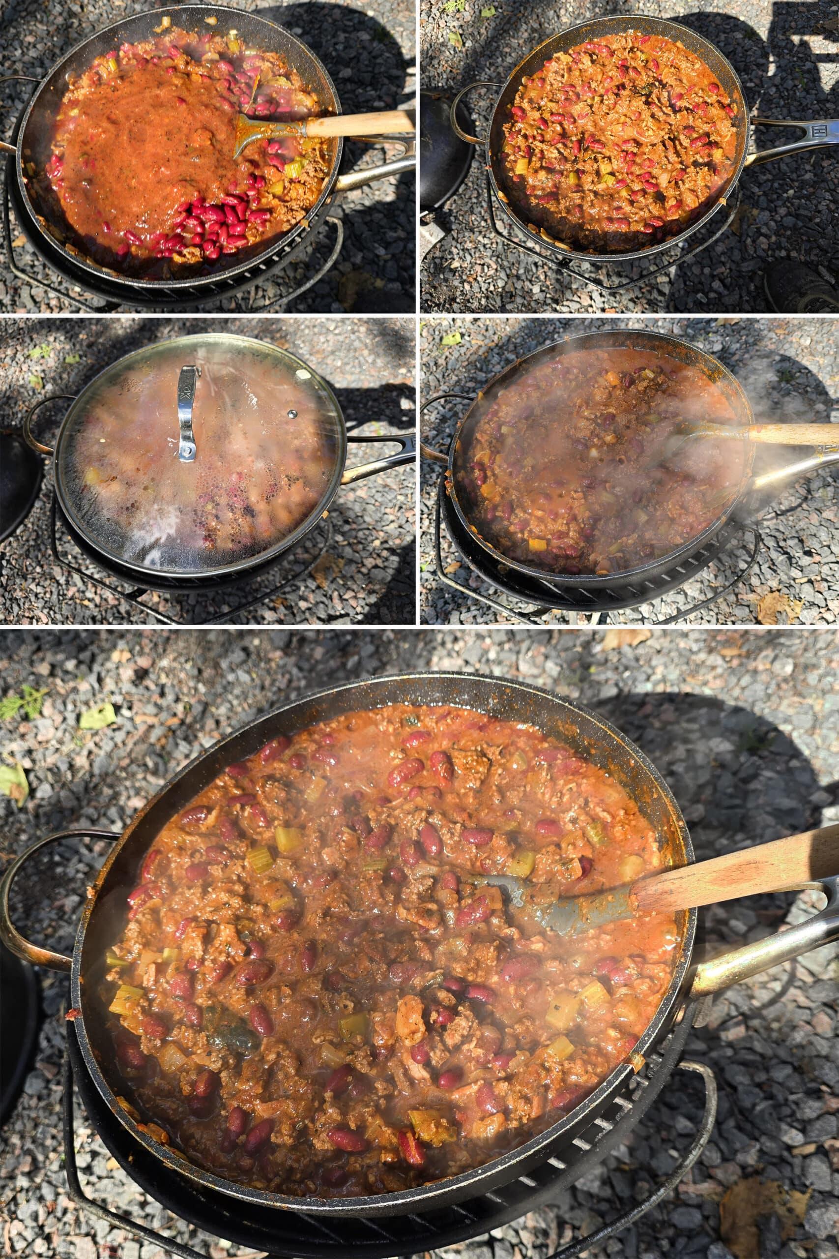 5 part image showing the pepper tomato sauce and beans being added to the pan, covered, and simmered til thick.