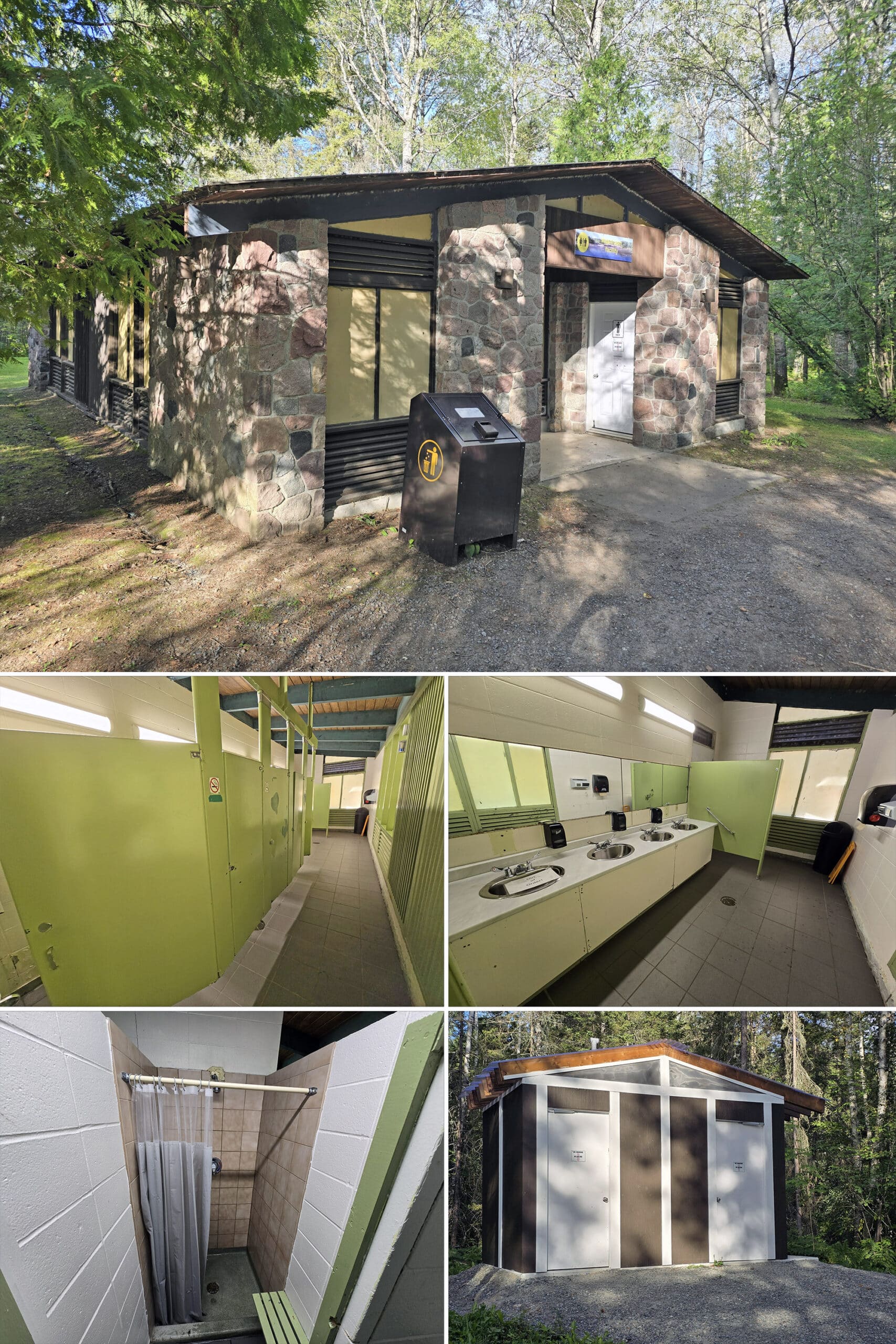 5 part image showing various views of the comfort station in Kap-Kig-Iwan Provincial Park.