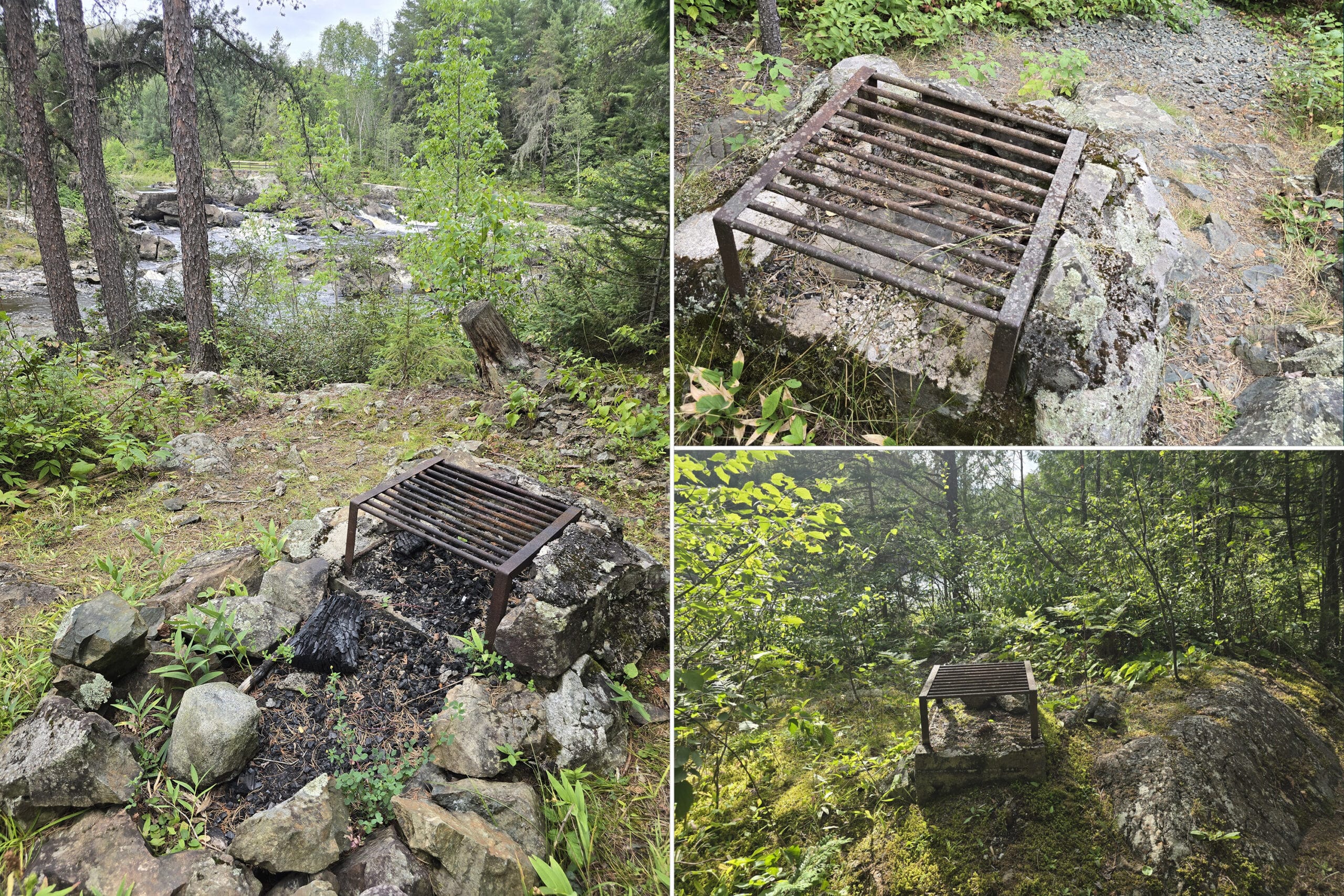 3 part image showing various random fire pits in Kap-Kig-Iwan Provincial Park.