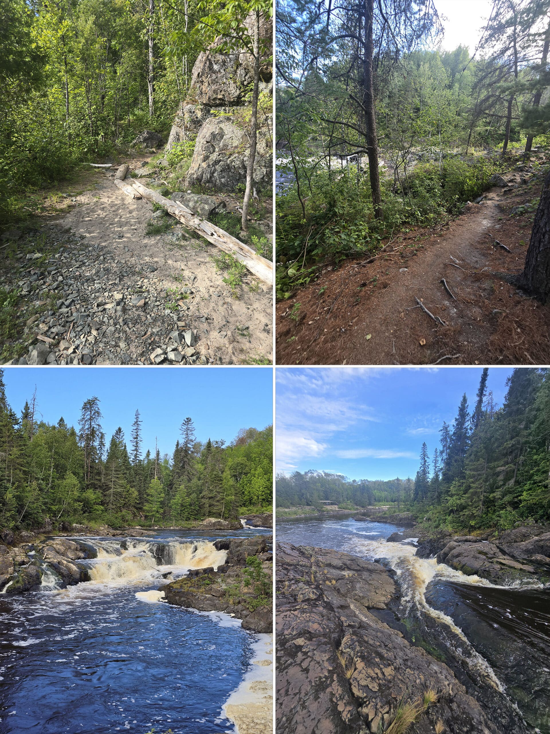 4 part image showing various views of the Hell’s Gate trail in Kap-Kig-Iwan Provincial Park.