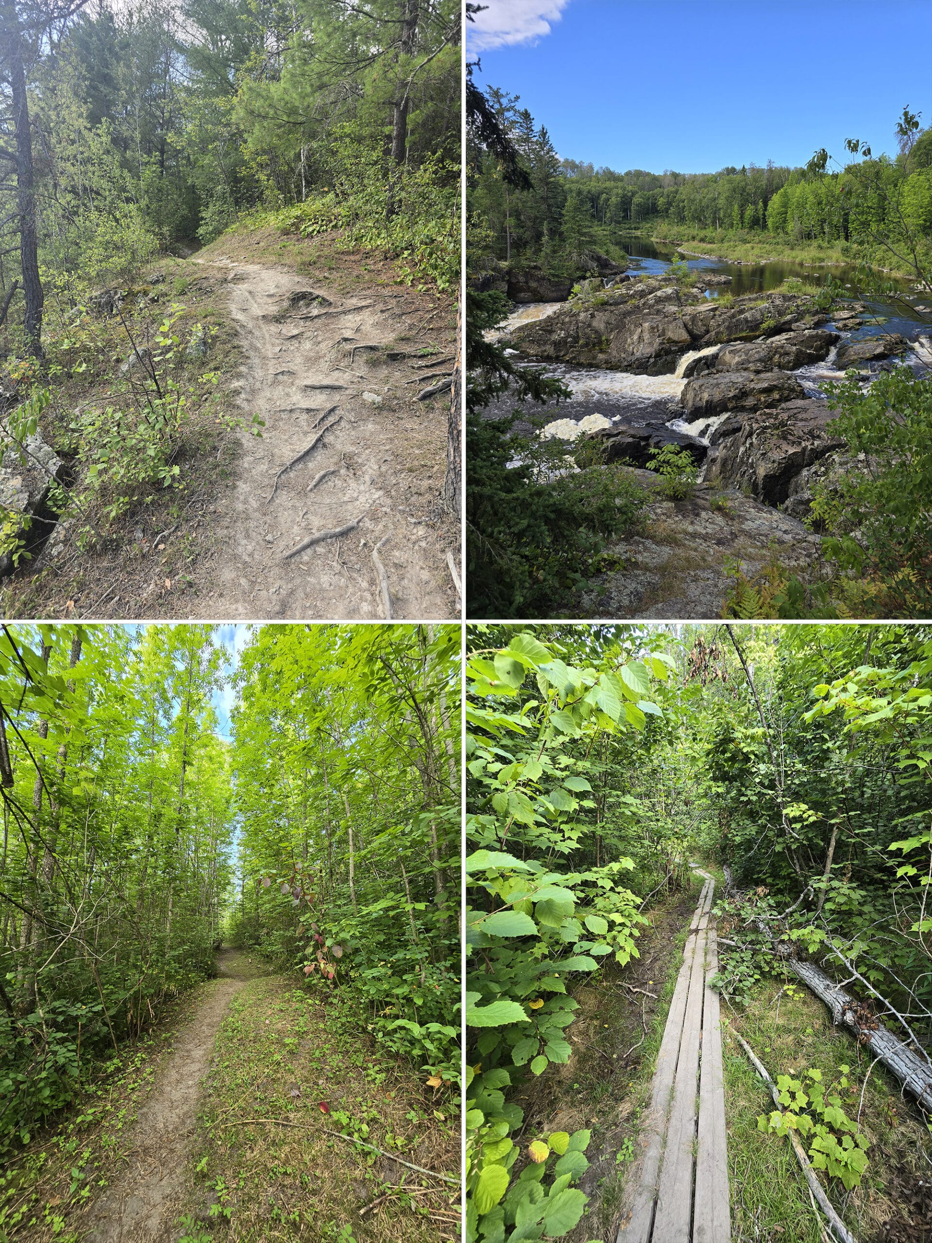 4 part image showing various views of the Hell’s Gate trail in Kap-Kig-Iwan Provincial Park.