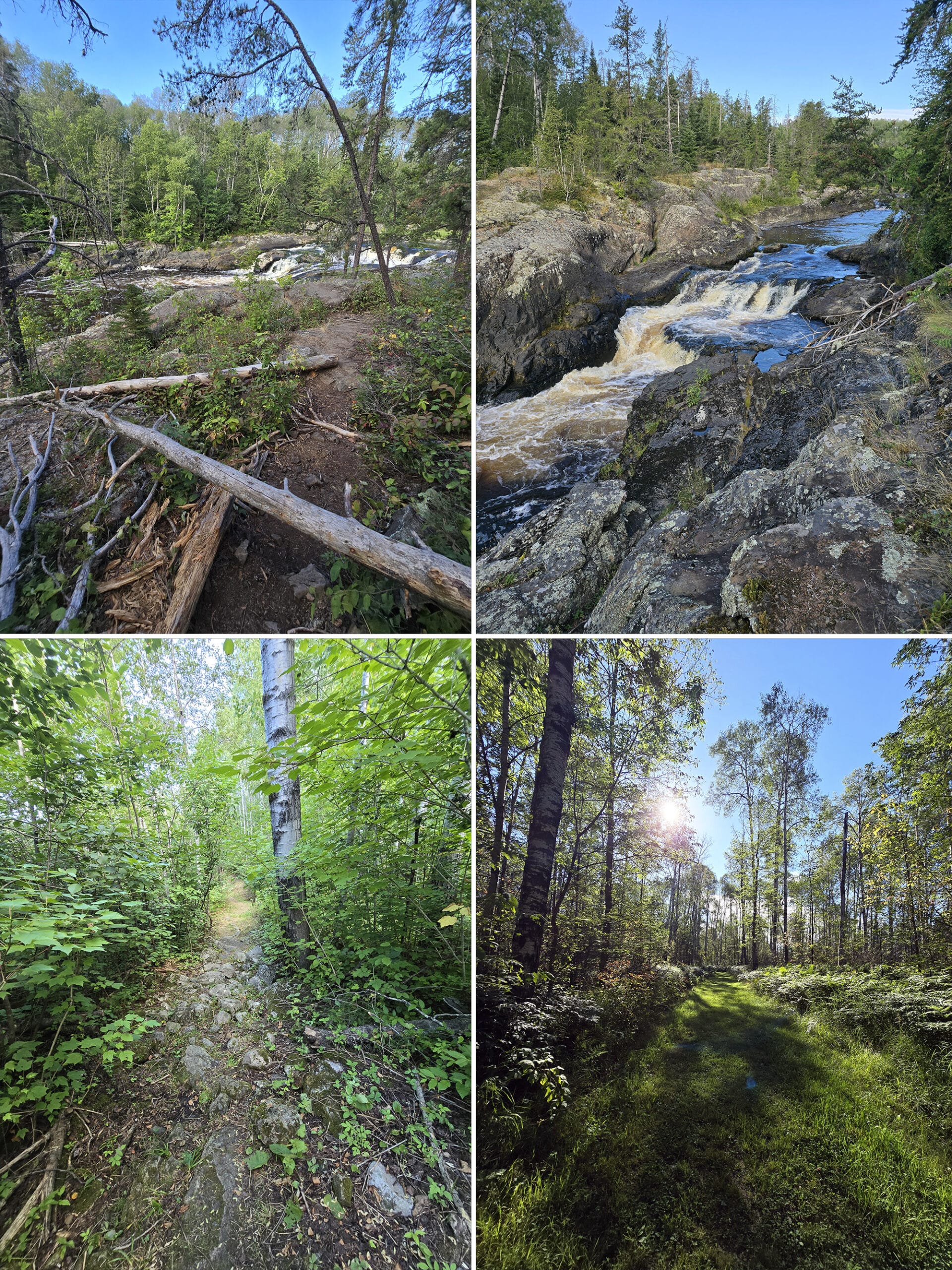 4 part image showing various views of the Hell’s Gate trail in Kap-Kig-Iwan Provincial Park.