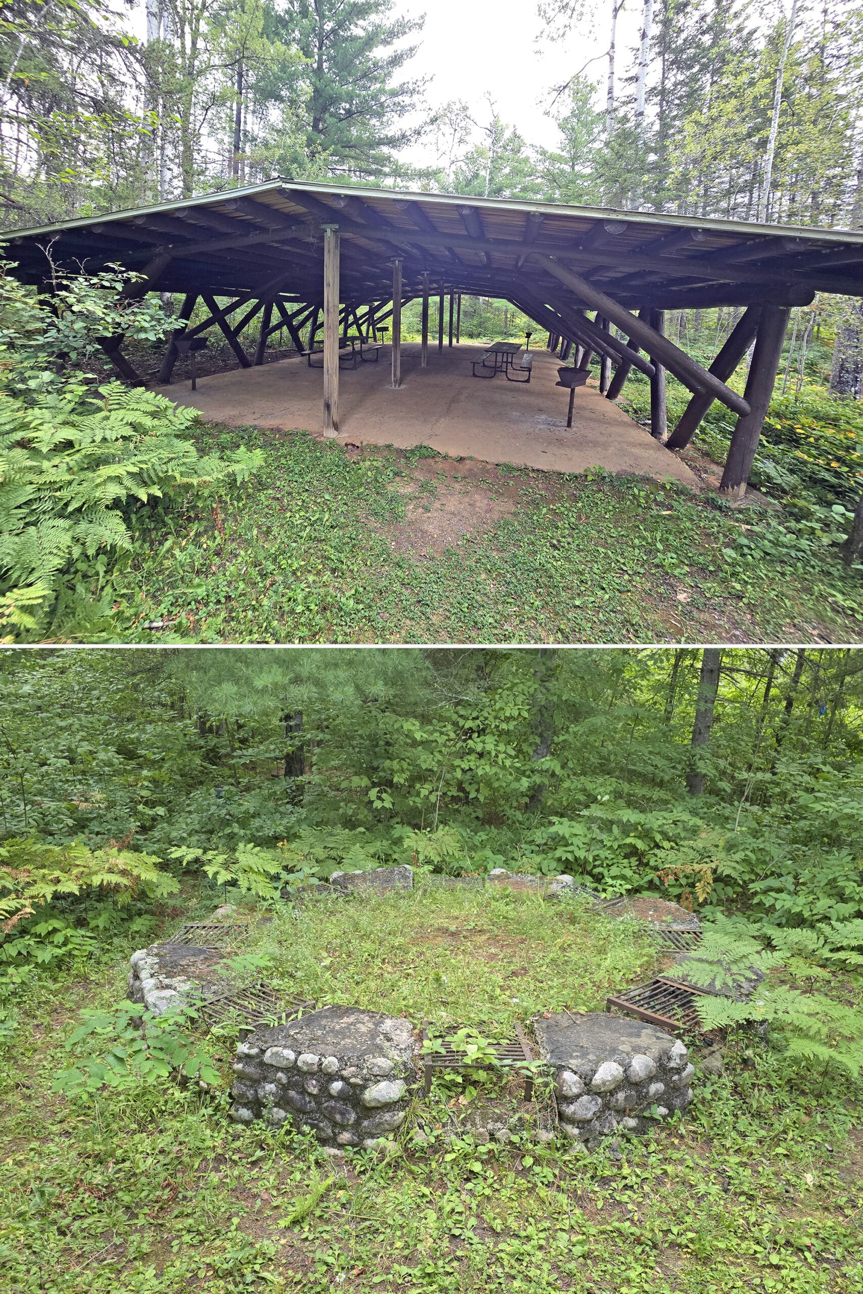 2 part image showing a picnic shelter and ring of fire pits in Kap-Kig-Iwan Provincial Park.