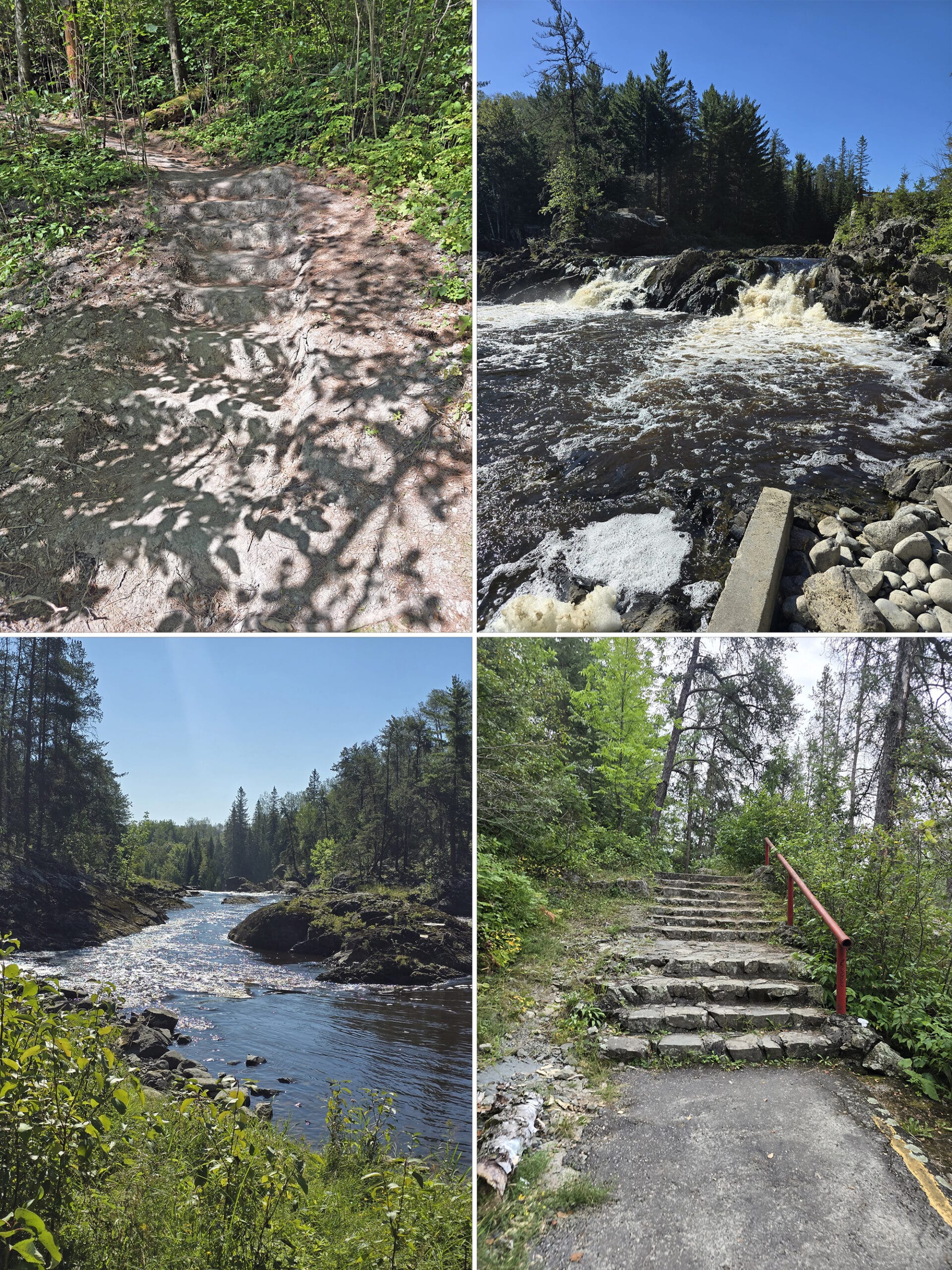 4 part image showing various views of the High Falls trail in Kap-Kig-Iwan Provincial Park.