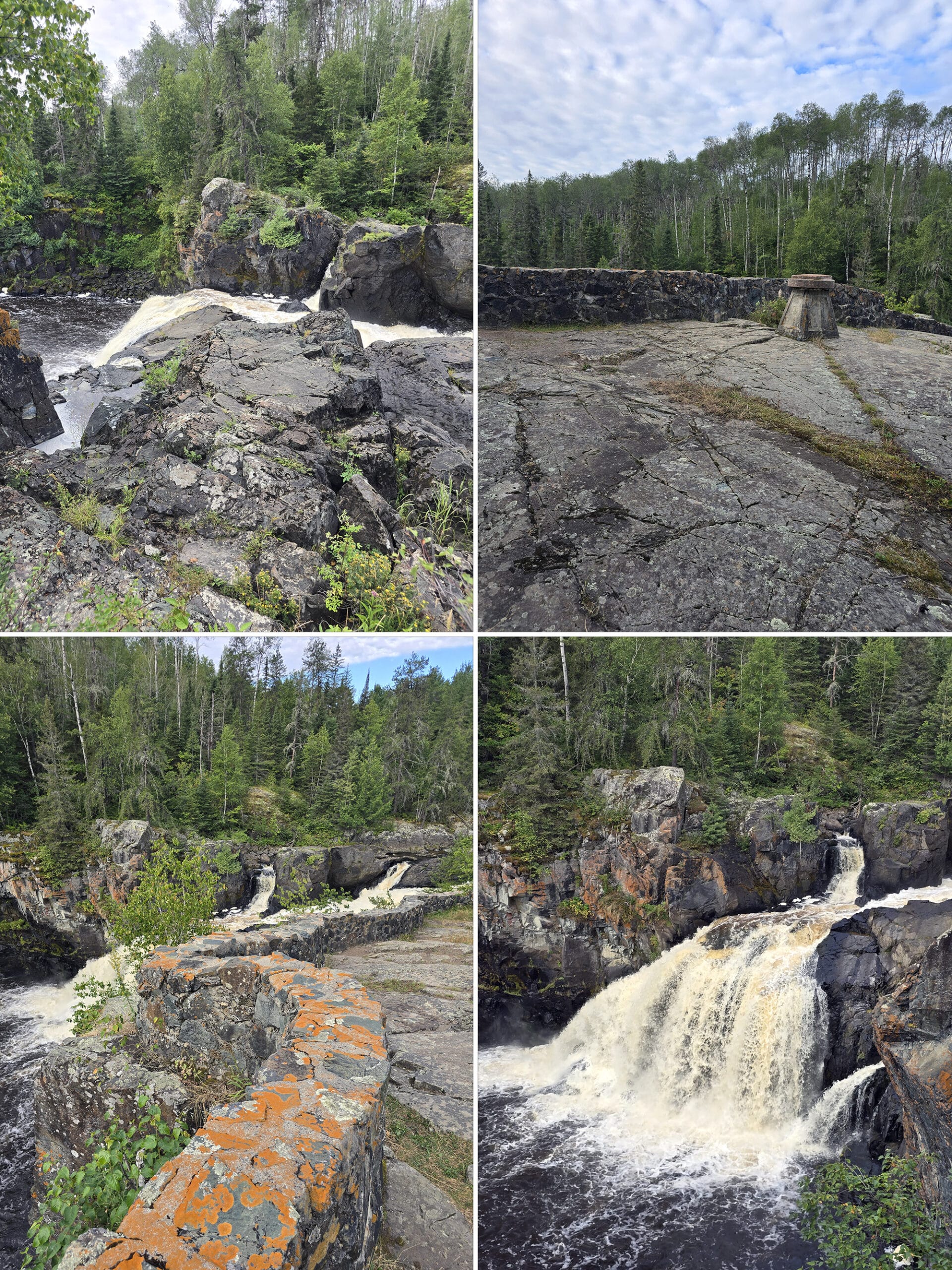 4 part image showing various views of the High Falls trail in Kap-Kig-Iwan Provincial Park.