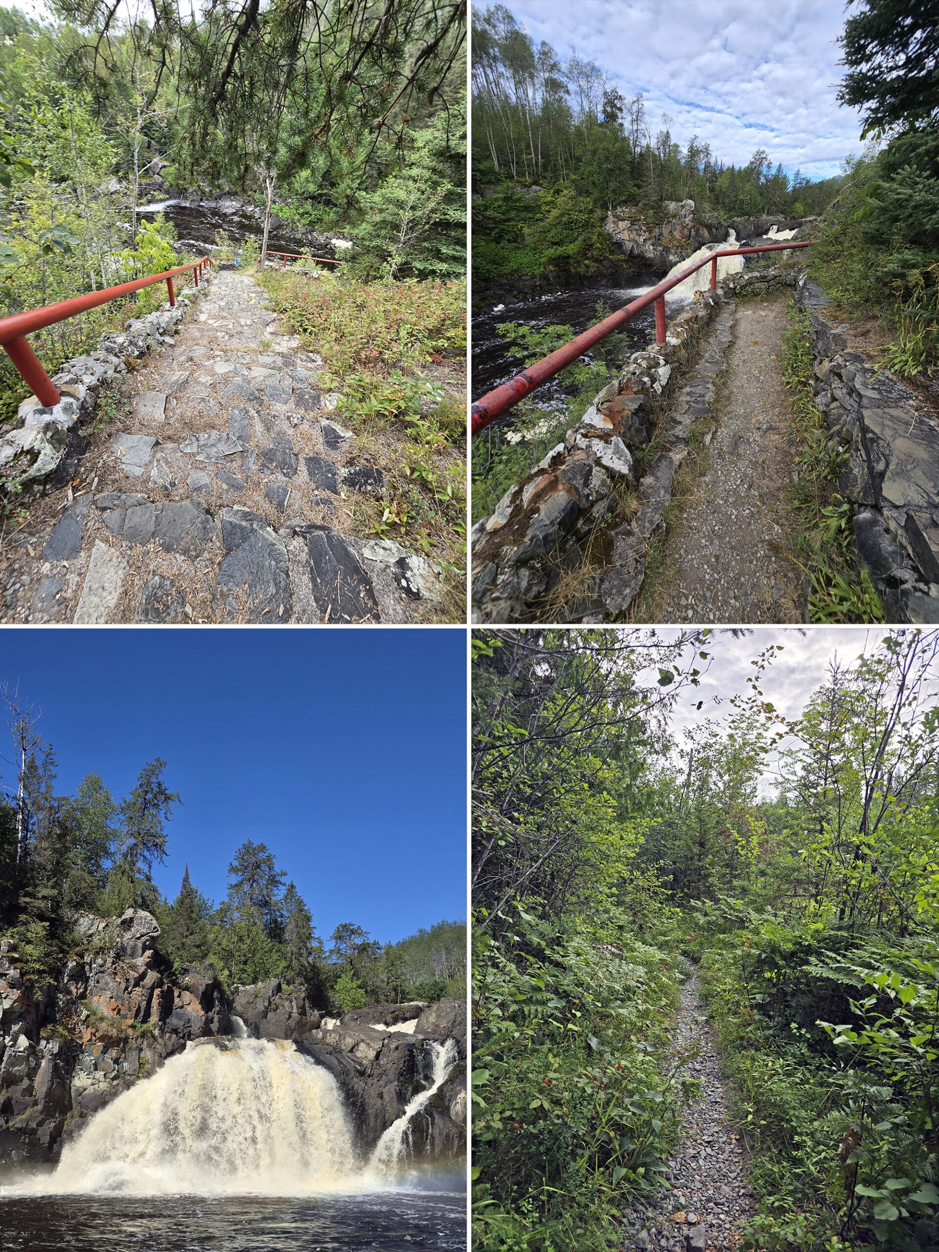 4 part image showing various views of the High Falls trail in Kap-Kig-Iwan Provincial Park.