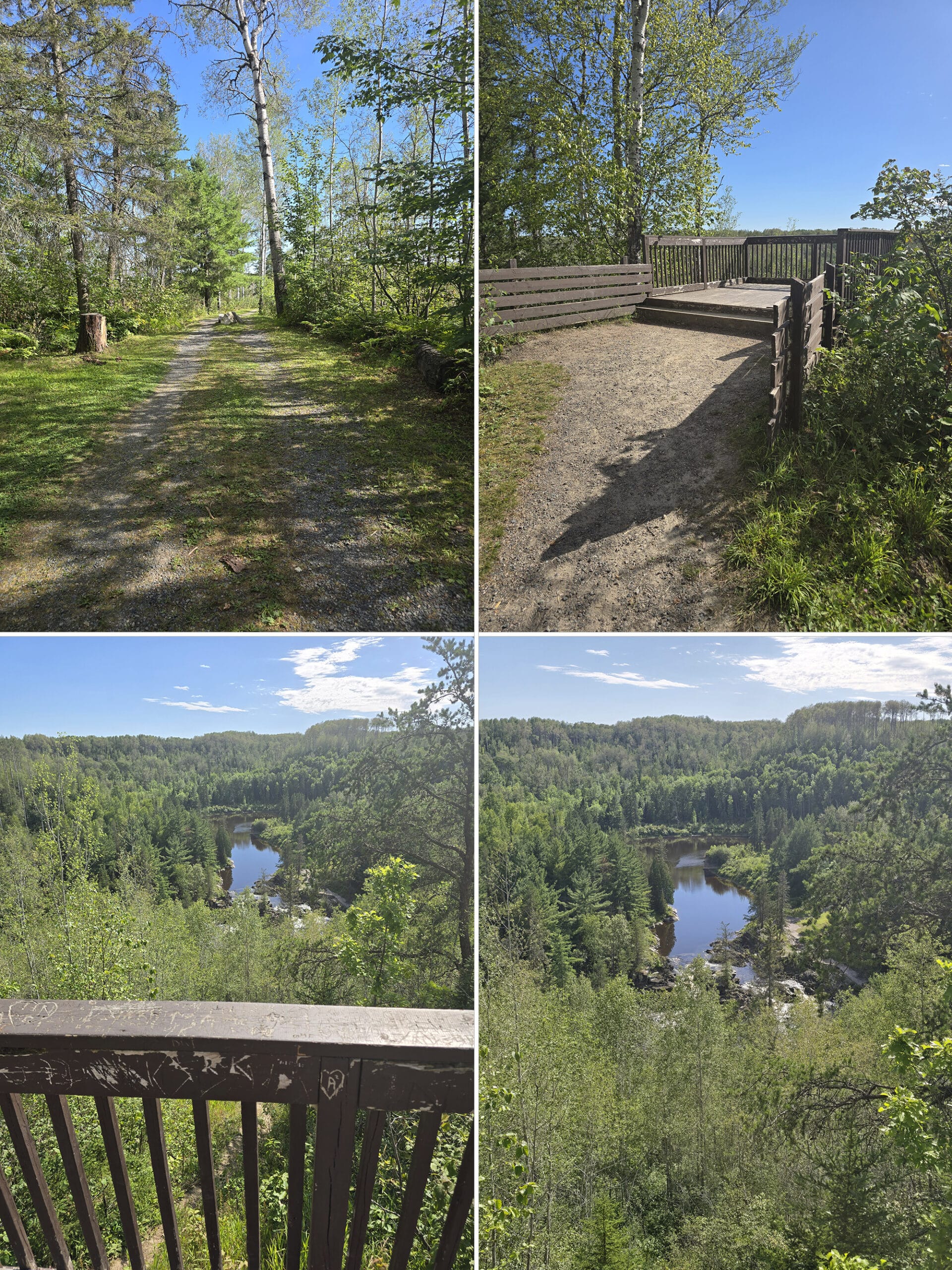 4 part image showing various views of a lookout and trail in Kap-Kig-Iwan Provincial Park.
