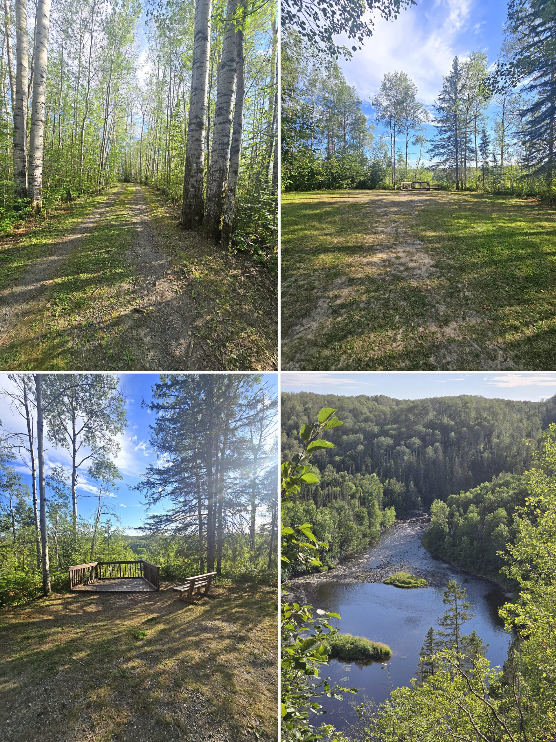 4 part image showing various views of a lookout and trail in Kap-Kig-Iwan Provincial Park.