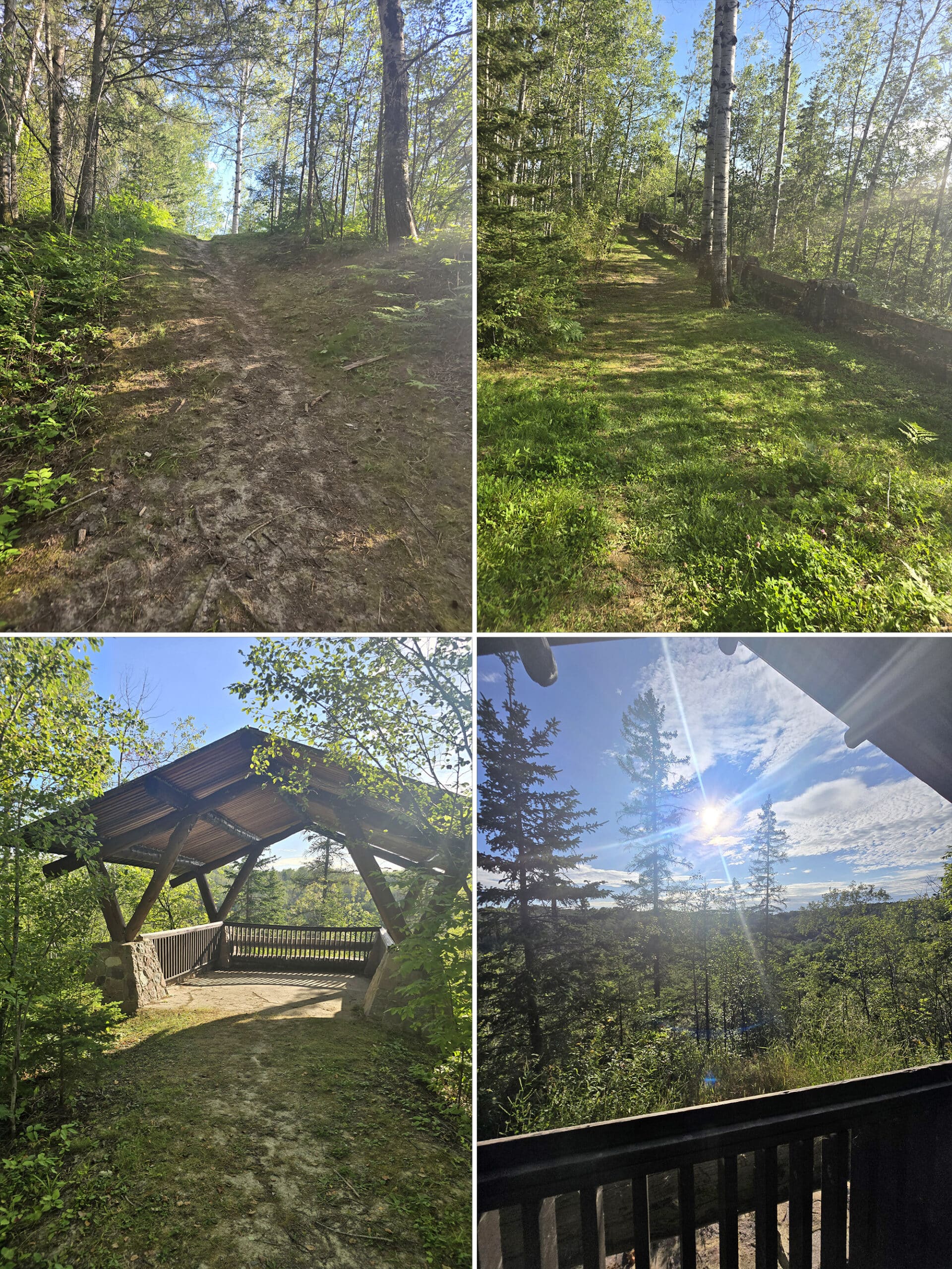 4 part image showing various views of a lookout and trail in Kap-Kig-Iwan Provincial Park.