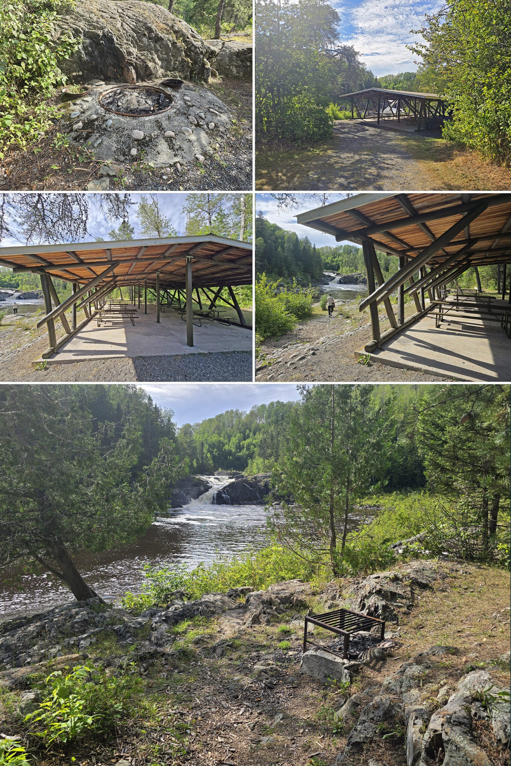 4 part image showing various views of picnic shelter and background waterfall in Kap-Kig-Iwan Provincial Park.