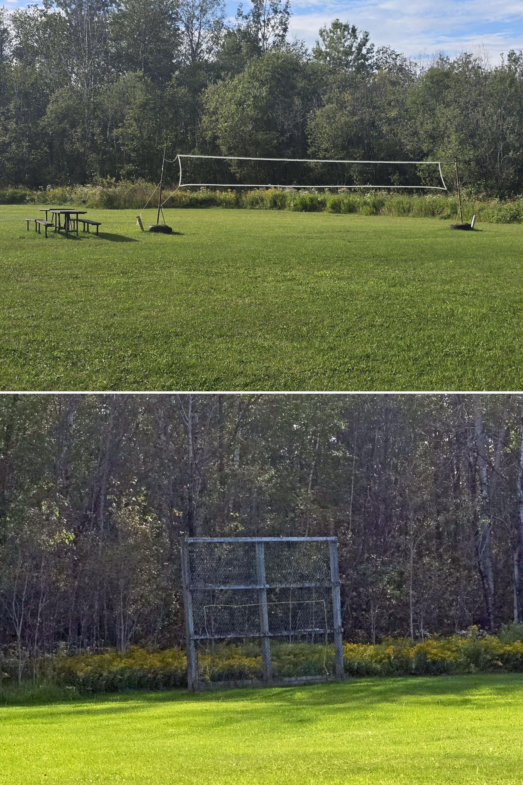 4 part image showing a sports field in Kap-Kig-Iwan Provincial Park.