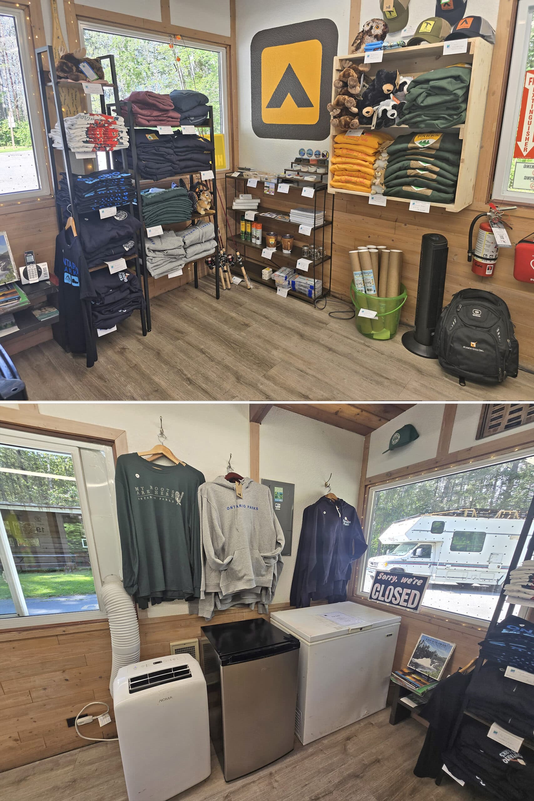 2 part image showing the campground store at Kap-Kig-Iwan Provincial Park.