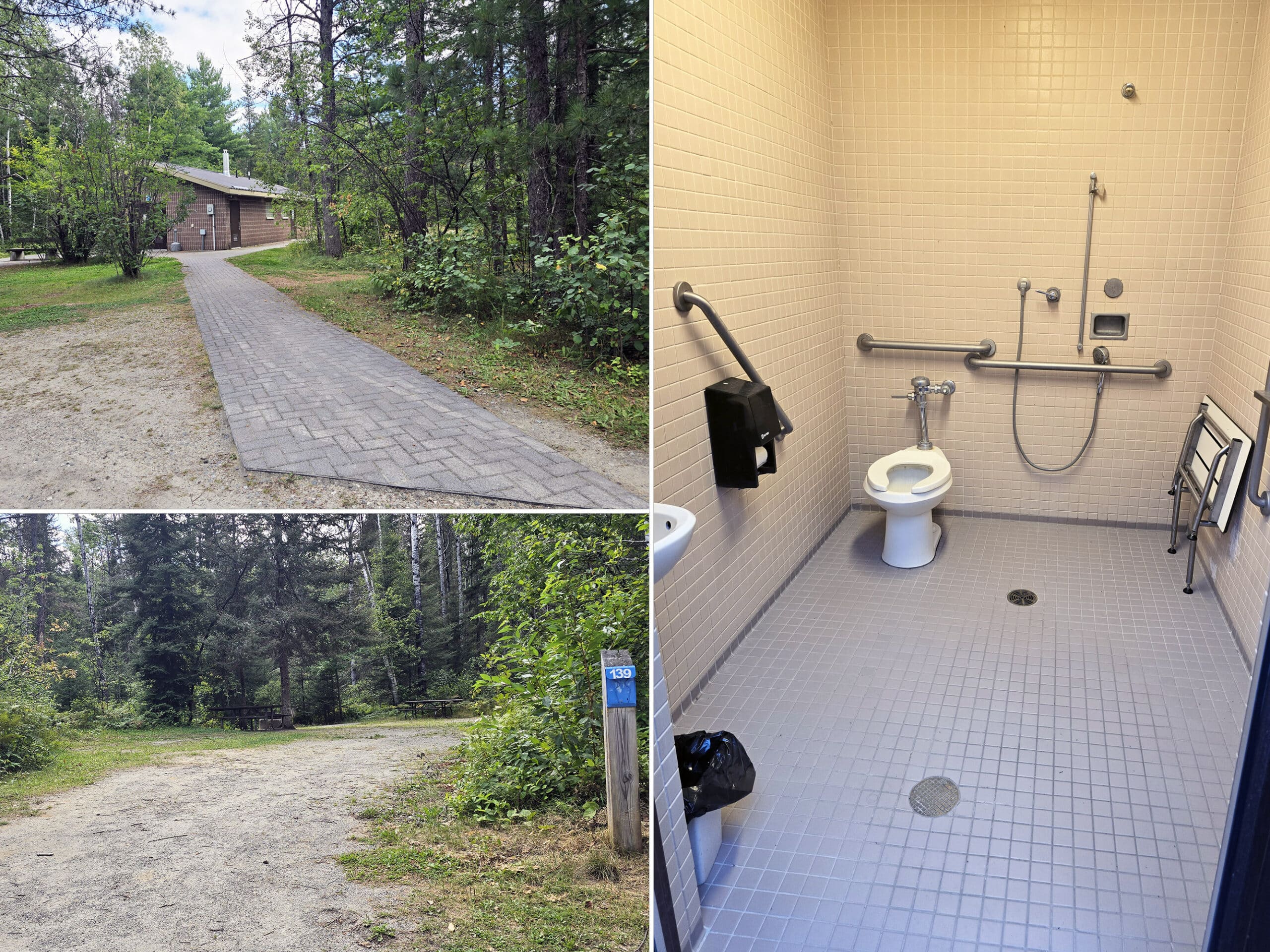 3 part image showing the accessible features of the comfort station, and one of the barrier free campsites at kettle lakes provincial park.