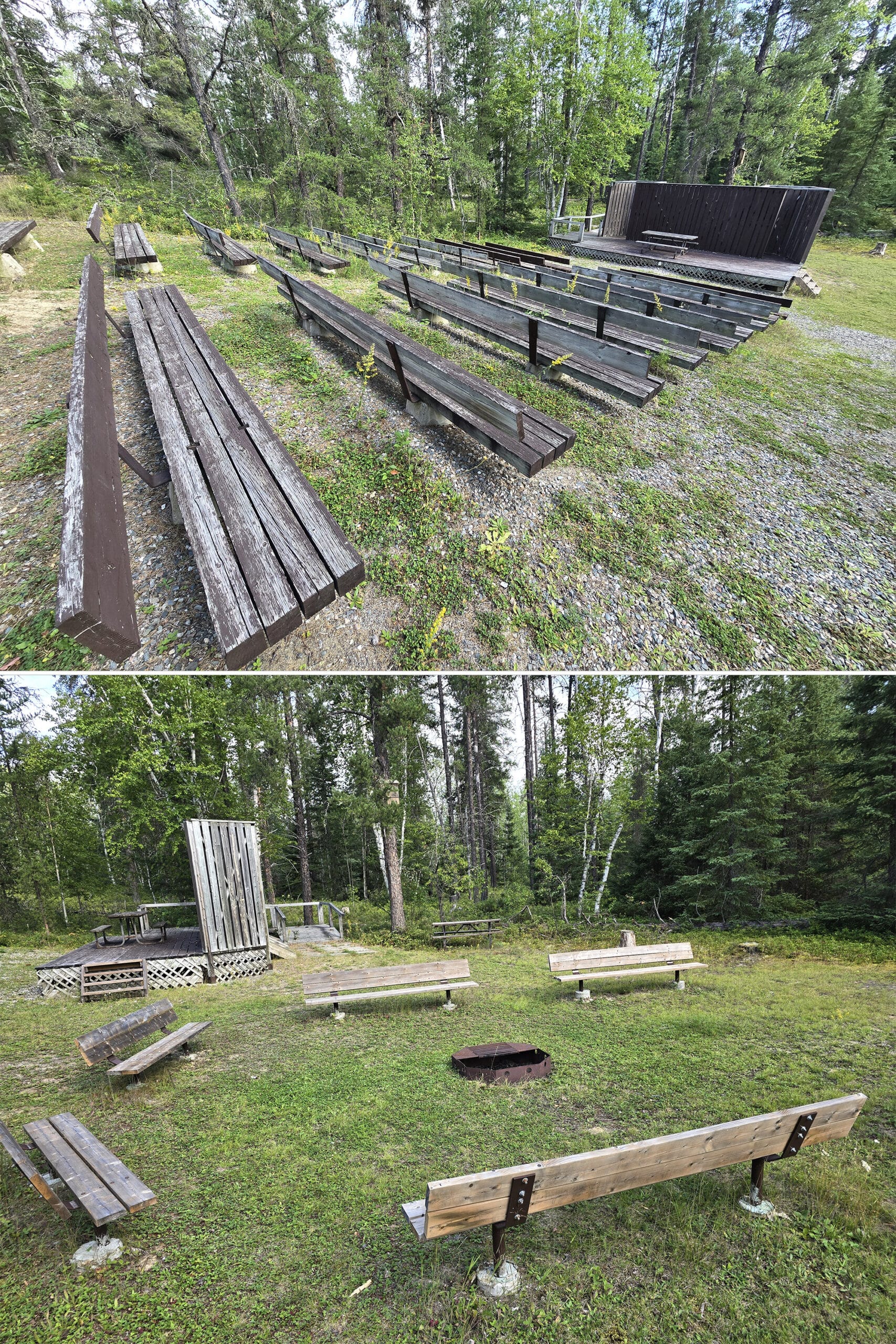 2 part image showing the old amphitheatre at kettle lakes provincial park.